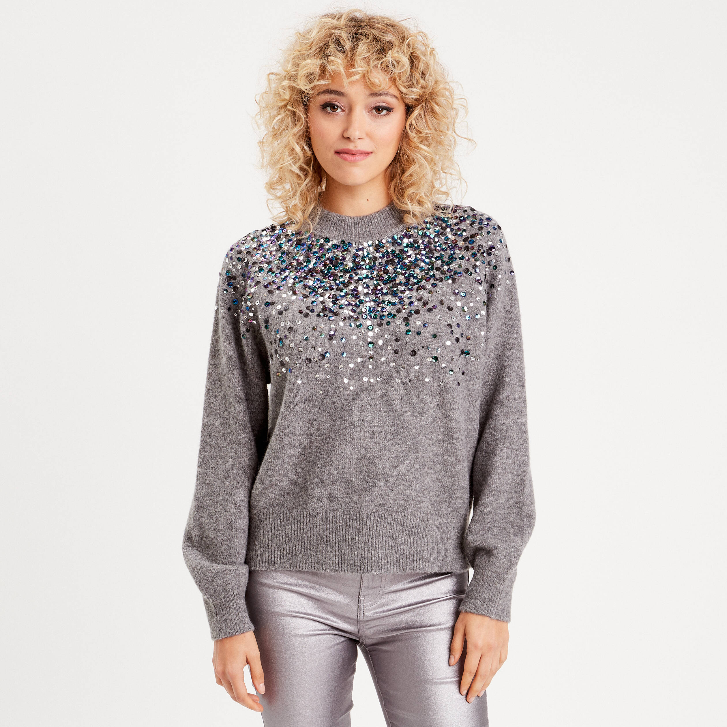 Pull sequins et strass gris foncé femme
