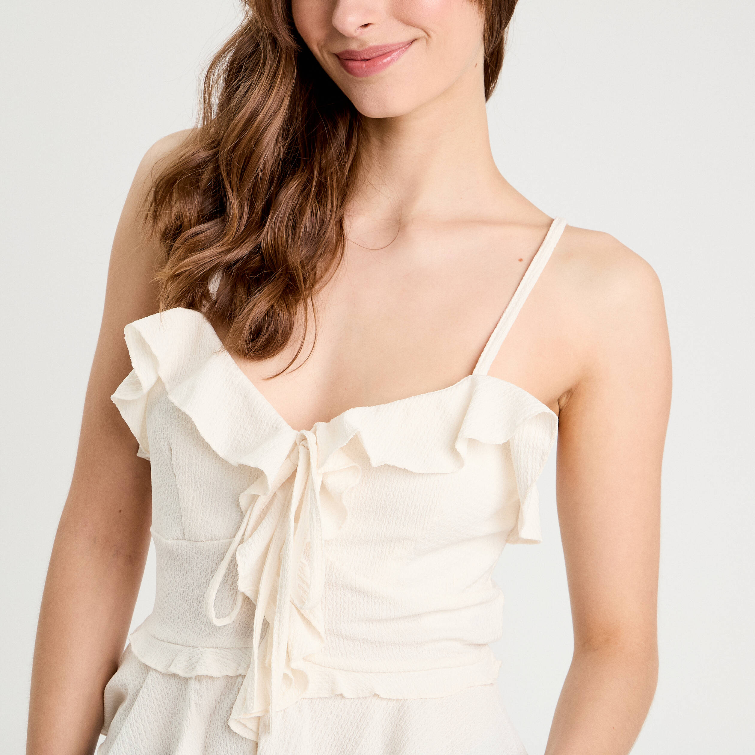 debardeur cropped volants ecru femme Débardeur cropped volants ecru femme