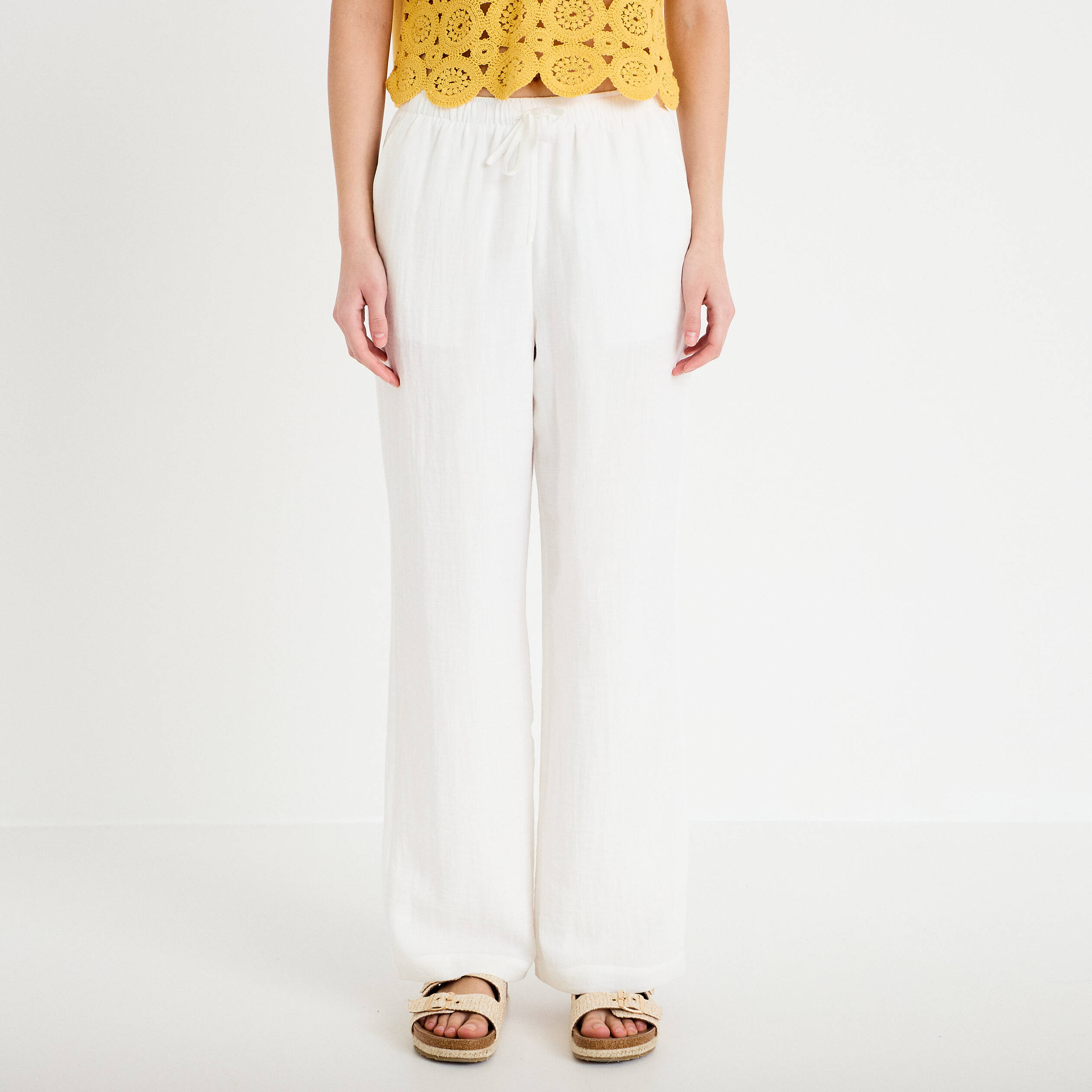 Pantalon large fluide taille &eacute;lastiqu&eacute;e ecru femme