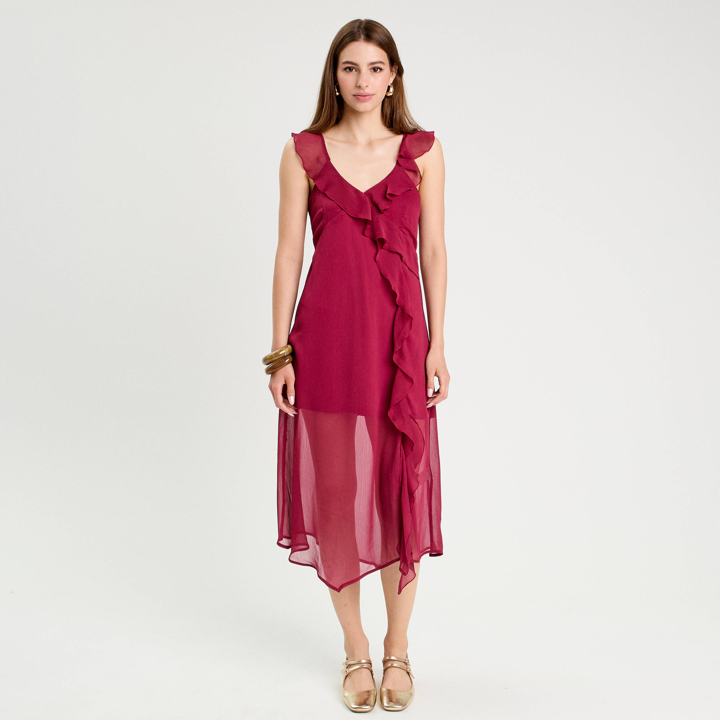 robe longue evasee volants bordeaux femme Robe longue évasée volants bordeaux femme