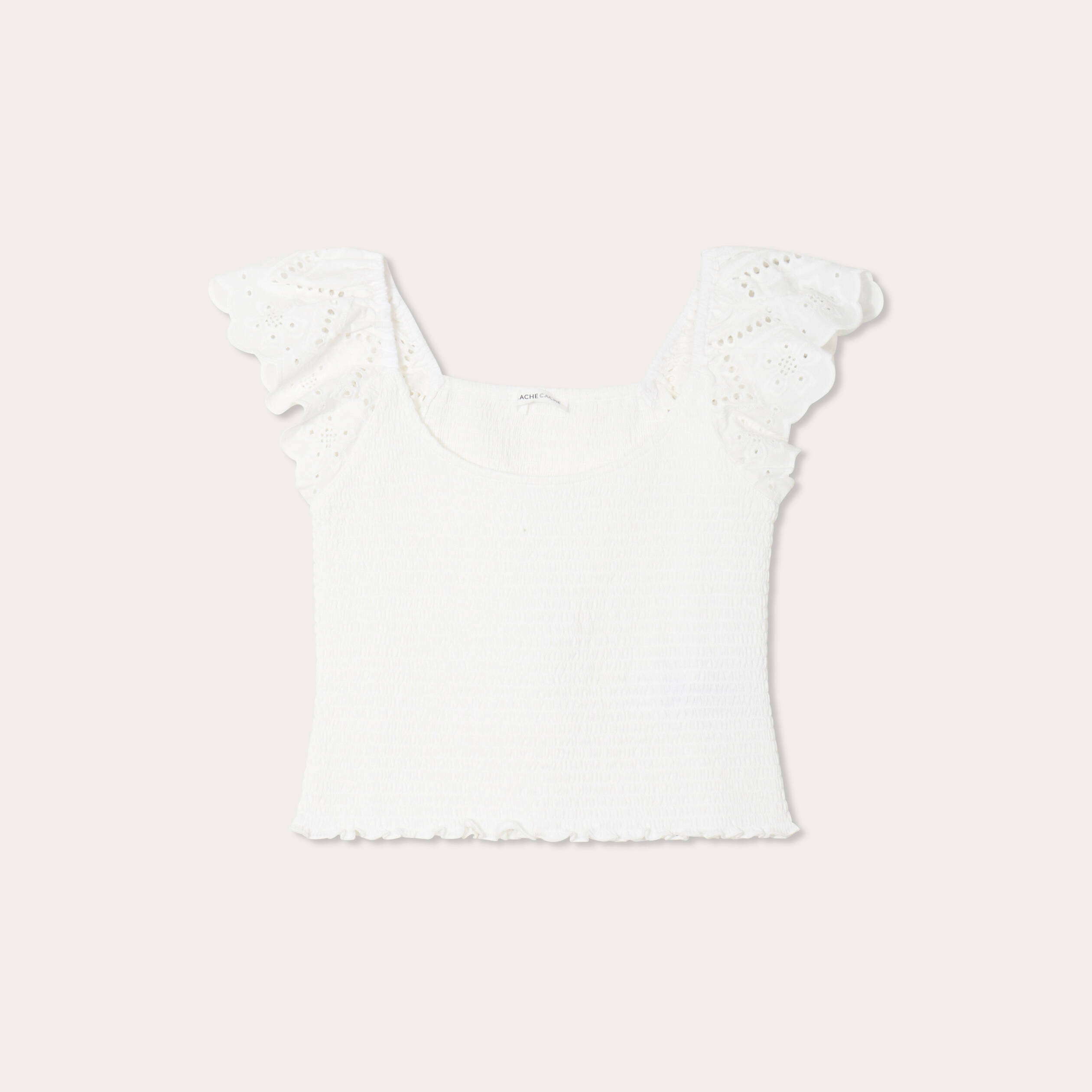 T-shirt smocké avec broderie blanc femme