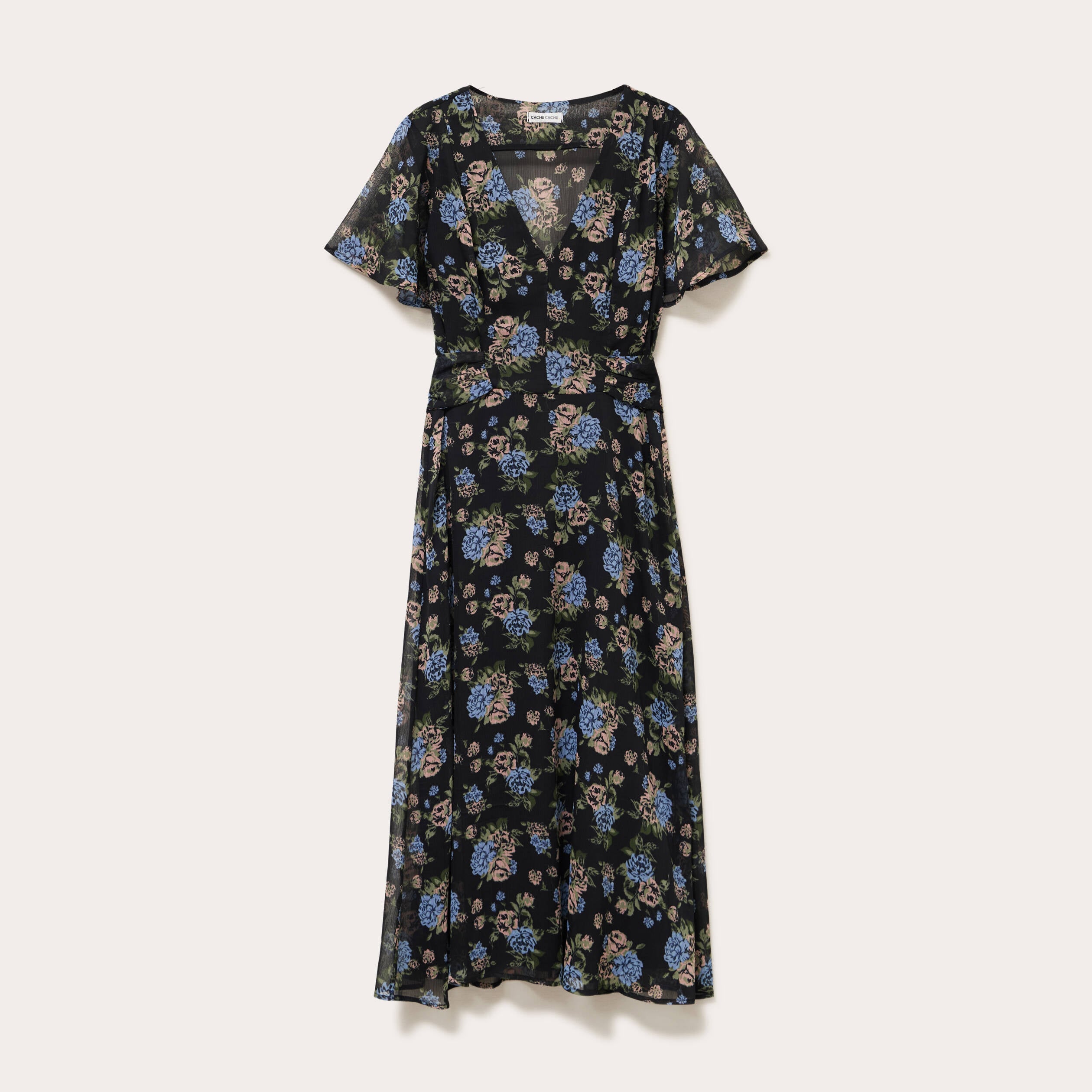 Robe &eacute;vas&eacute;e col v manches courtes noir femme