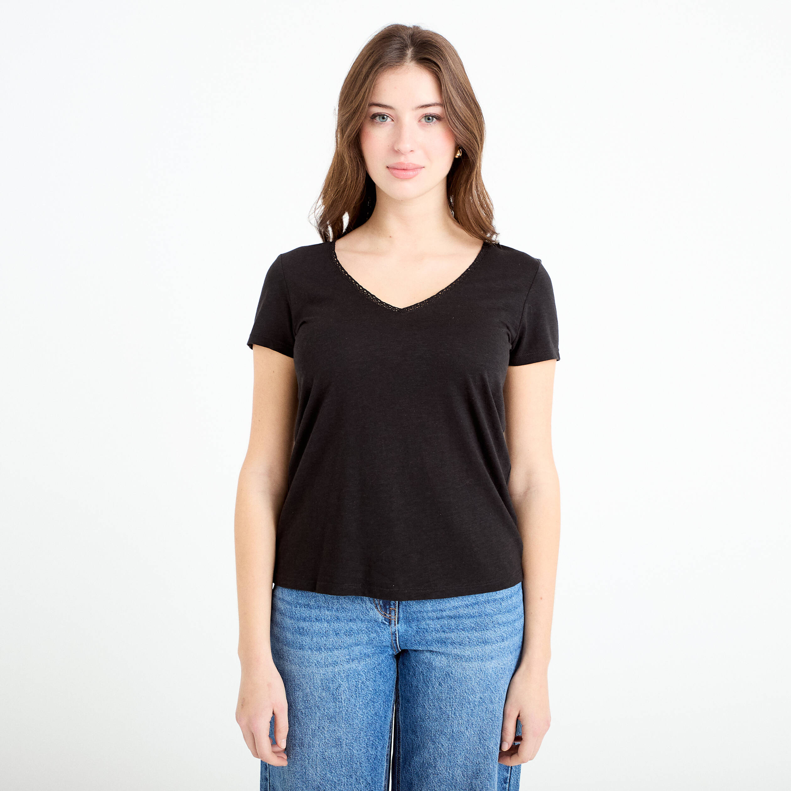 T-shirt col v manches courtes noir femme