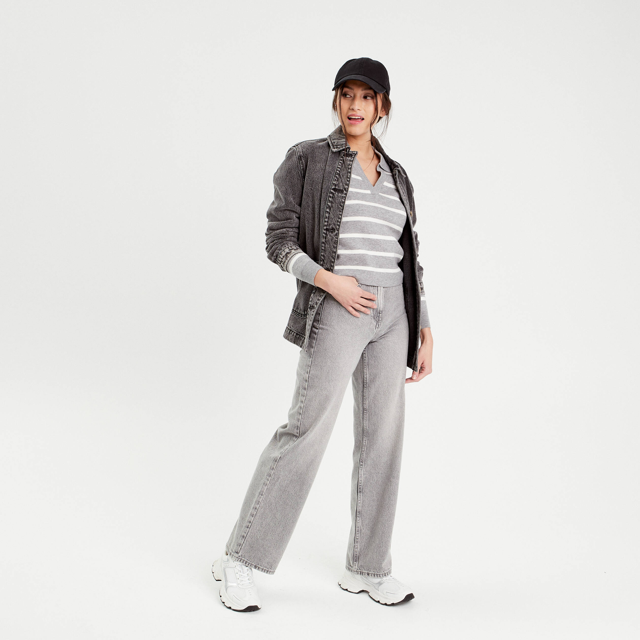 Pull manches longues col polo gris clair femme