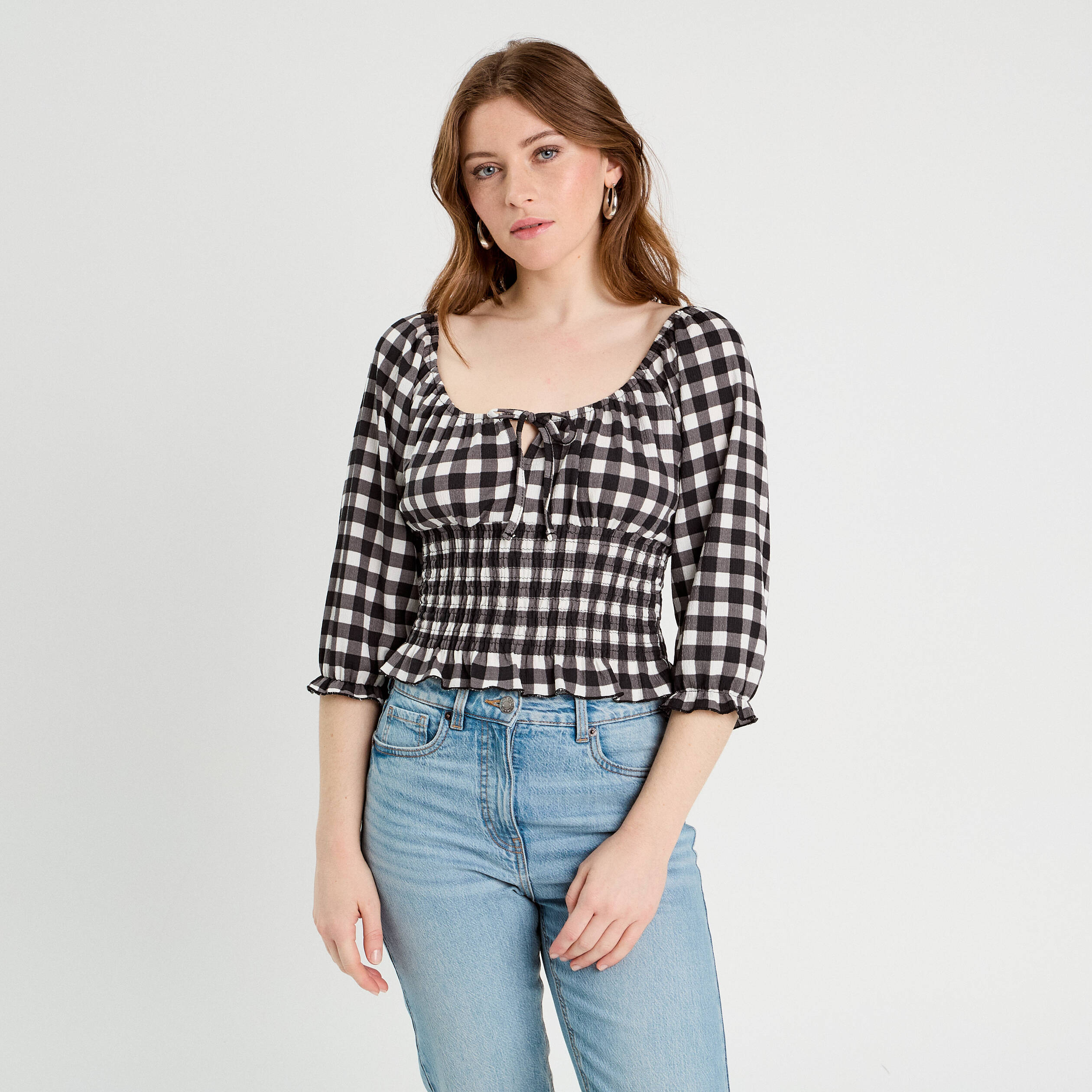Blouse smock&eacute;e manches 3/4 blanc femme