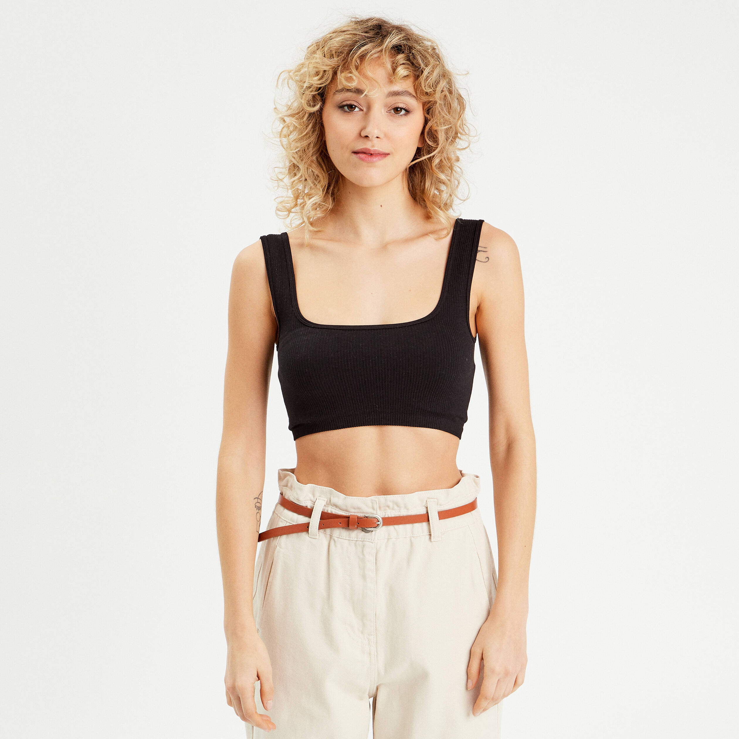 debardeur cropped cotele noir femme Débardeur cropped côtelé noir femme