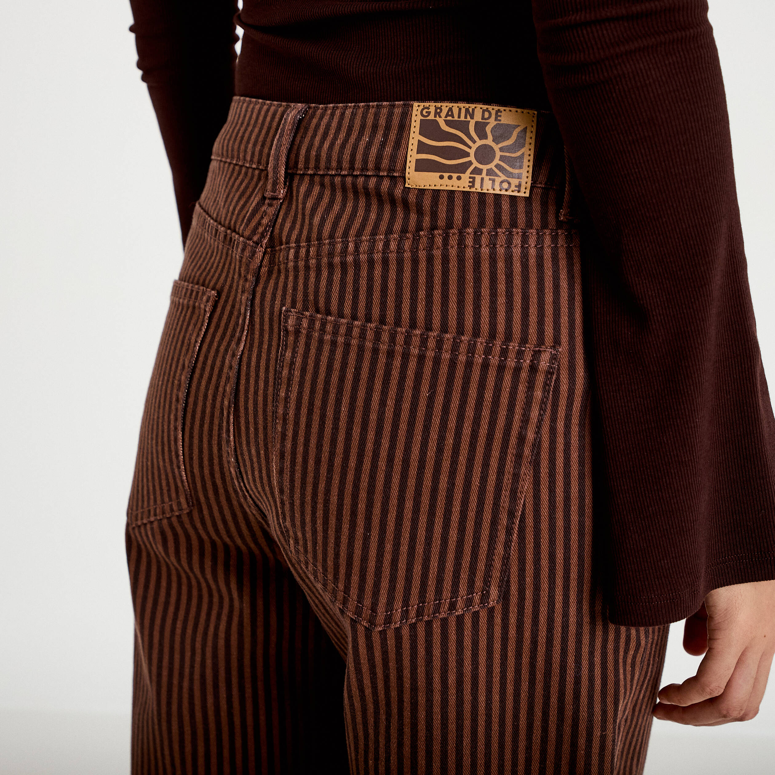 Jean wide leg ray&eacute; taille haute marron femme