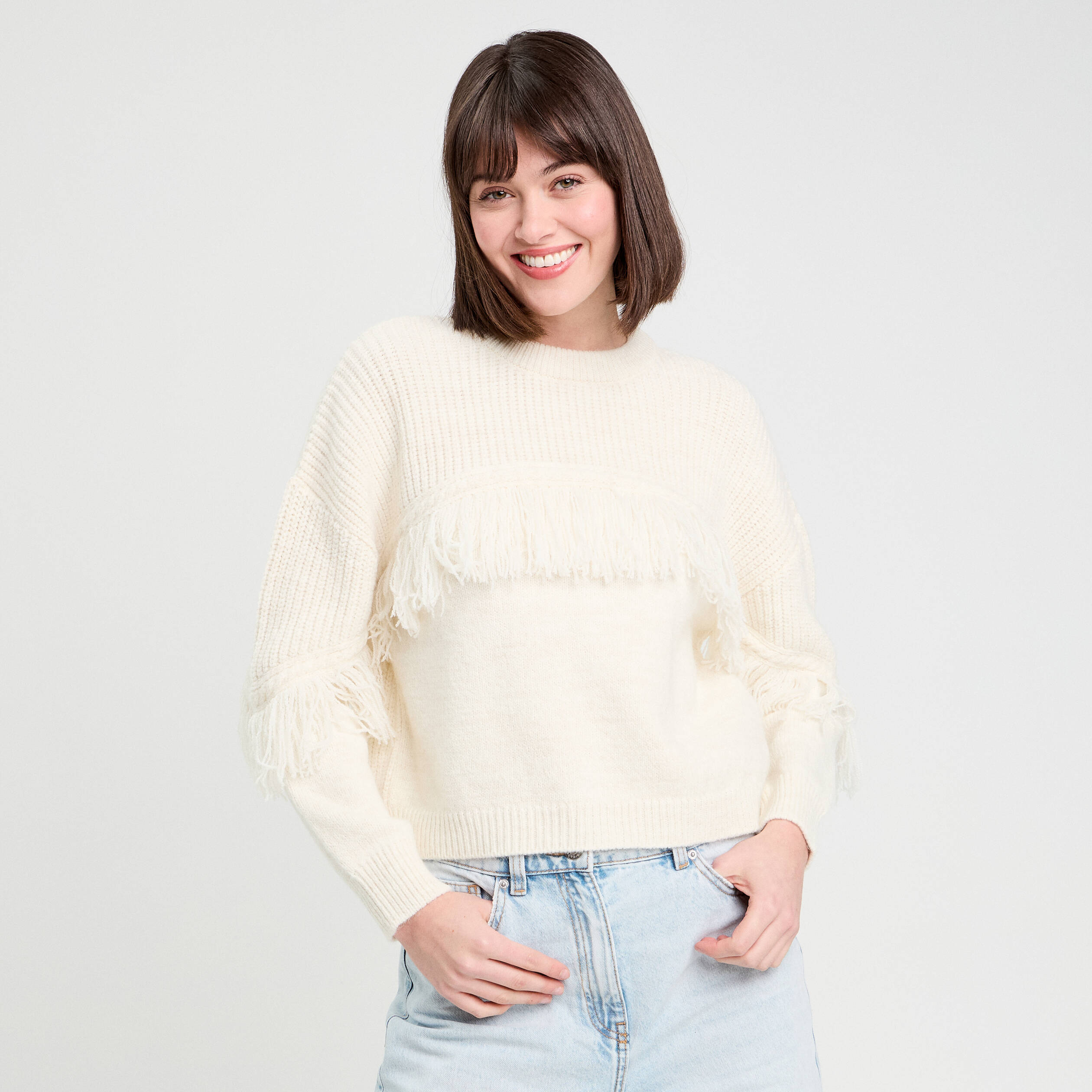 Pull avec franges ecru femme