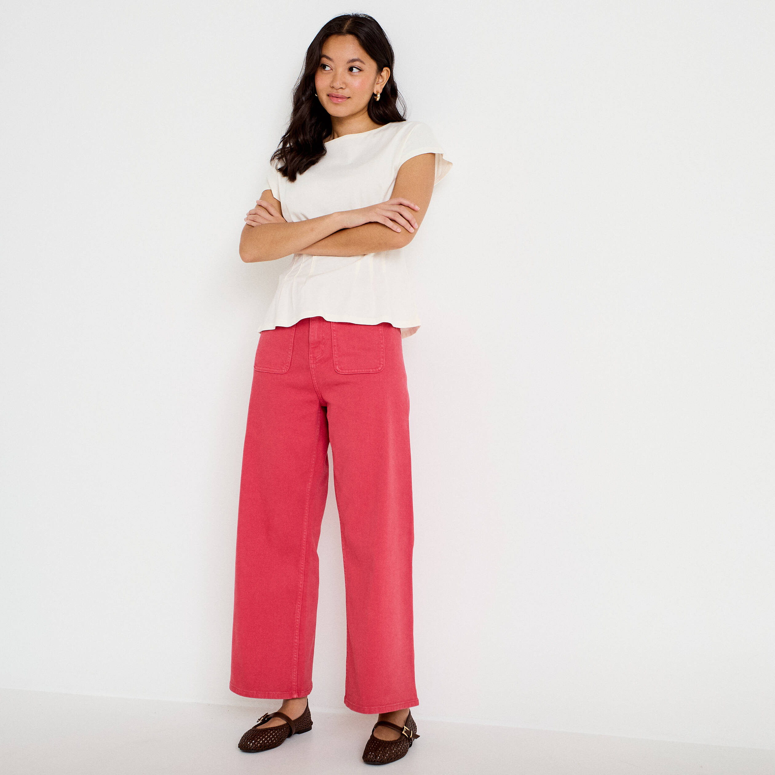 Jean wide leg cropped taille haute rose framboise femme