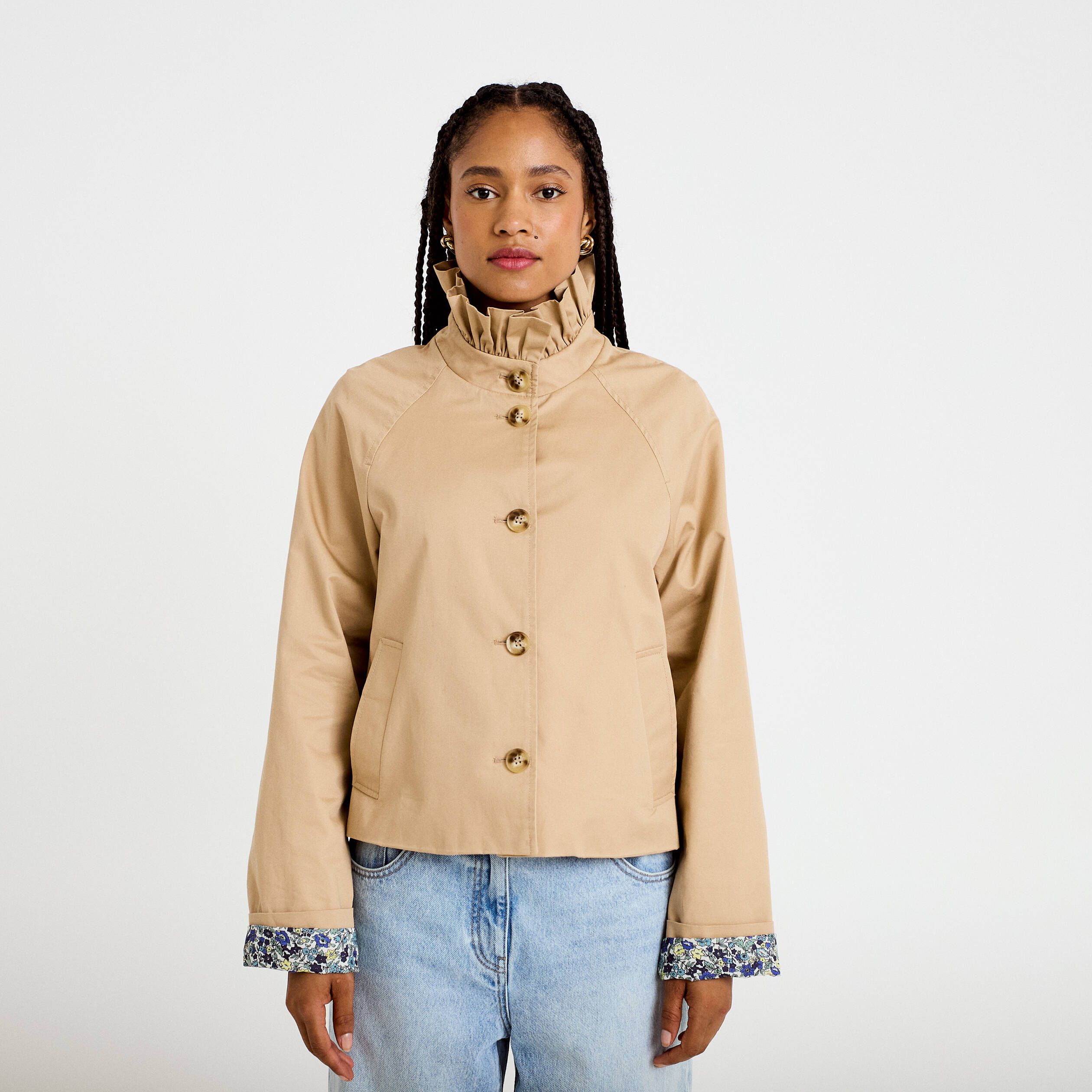 Veste droite col montant manches longues beige femme