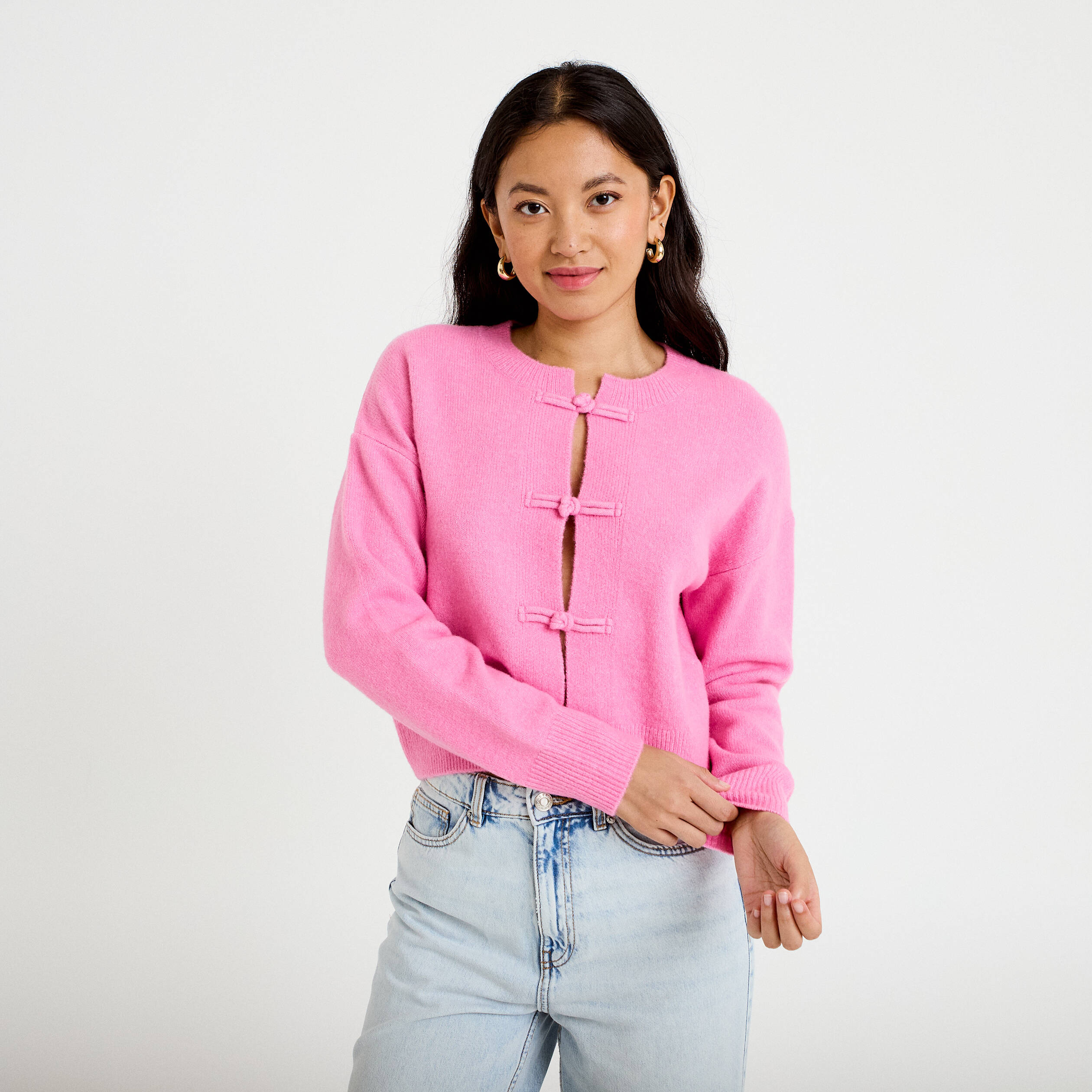 Gilet col rond manches longues avec lien rose clair femme