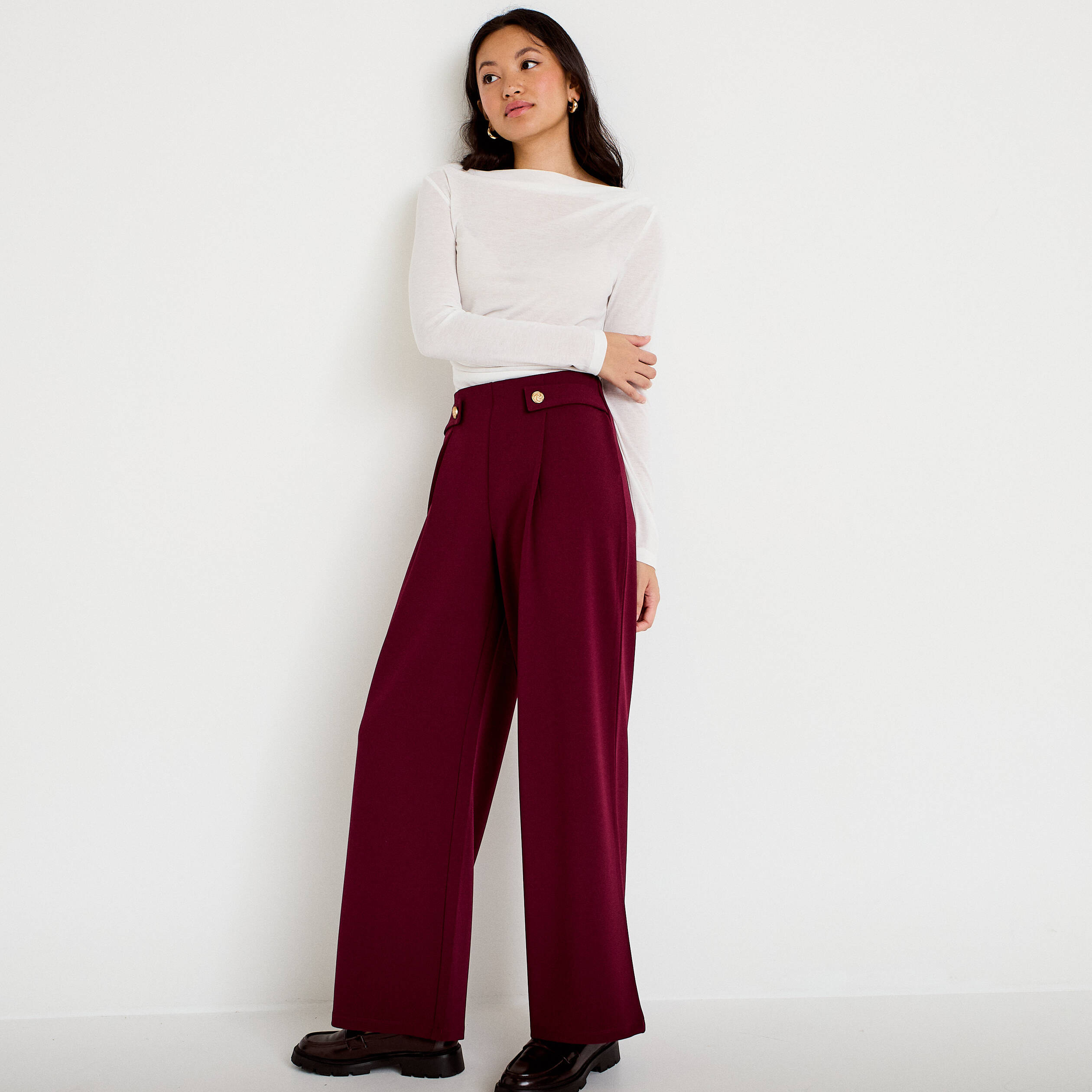 Pantalon large taille standard bordeaux femme