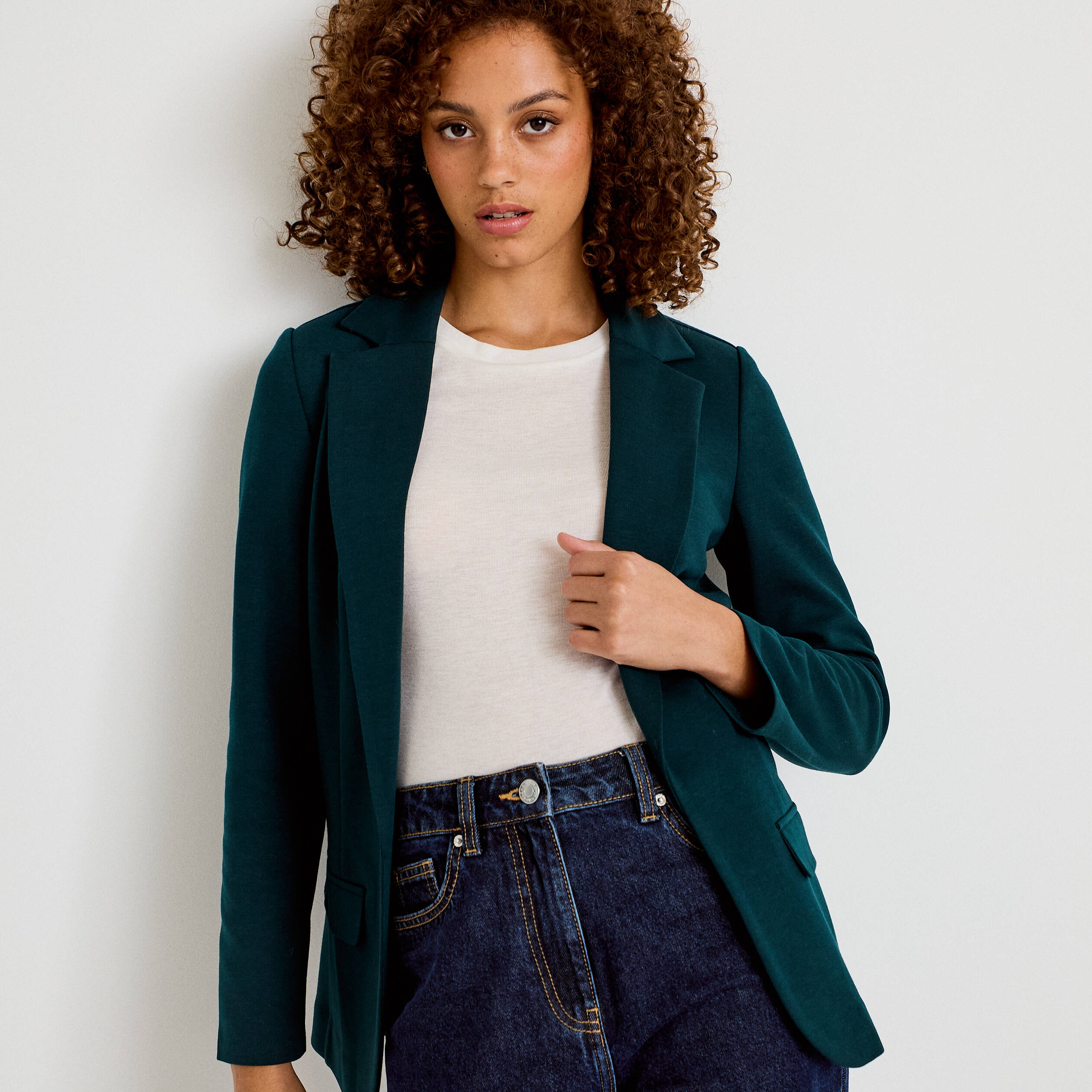Veste blazer cintr&eacute;e vert fonc&eacute; femme