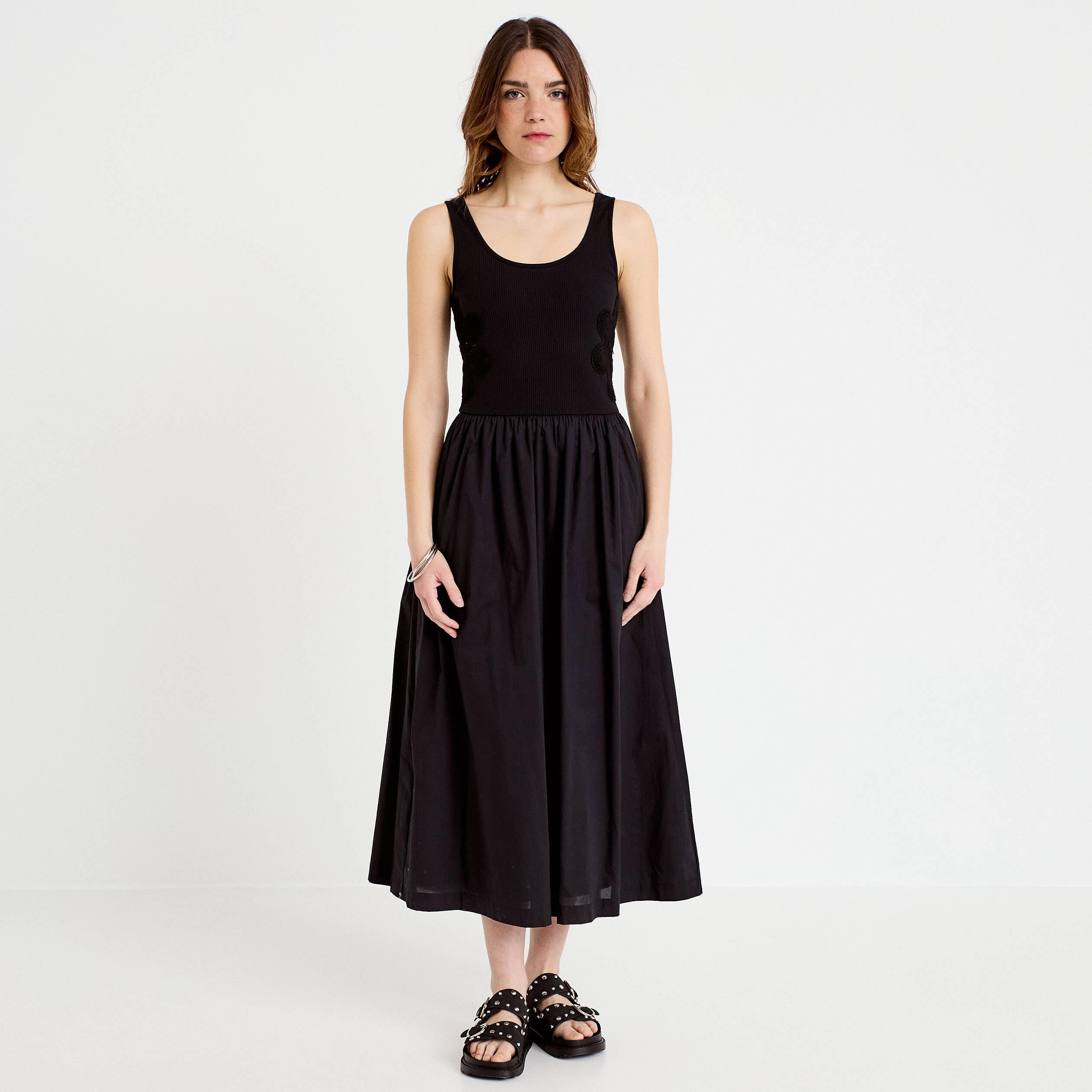 Robe longue &eacute;vas&eacute;e bi-mati&egrave;re noir femme