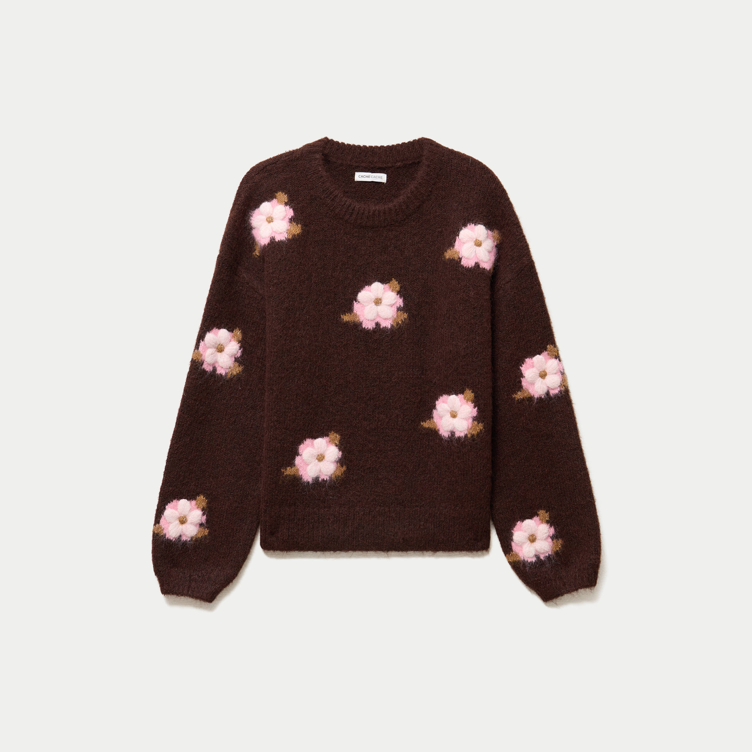 Pull ample col rond manches longues marron fonc&eacute; femme