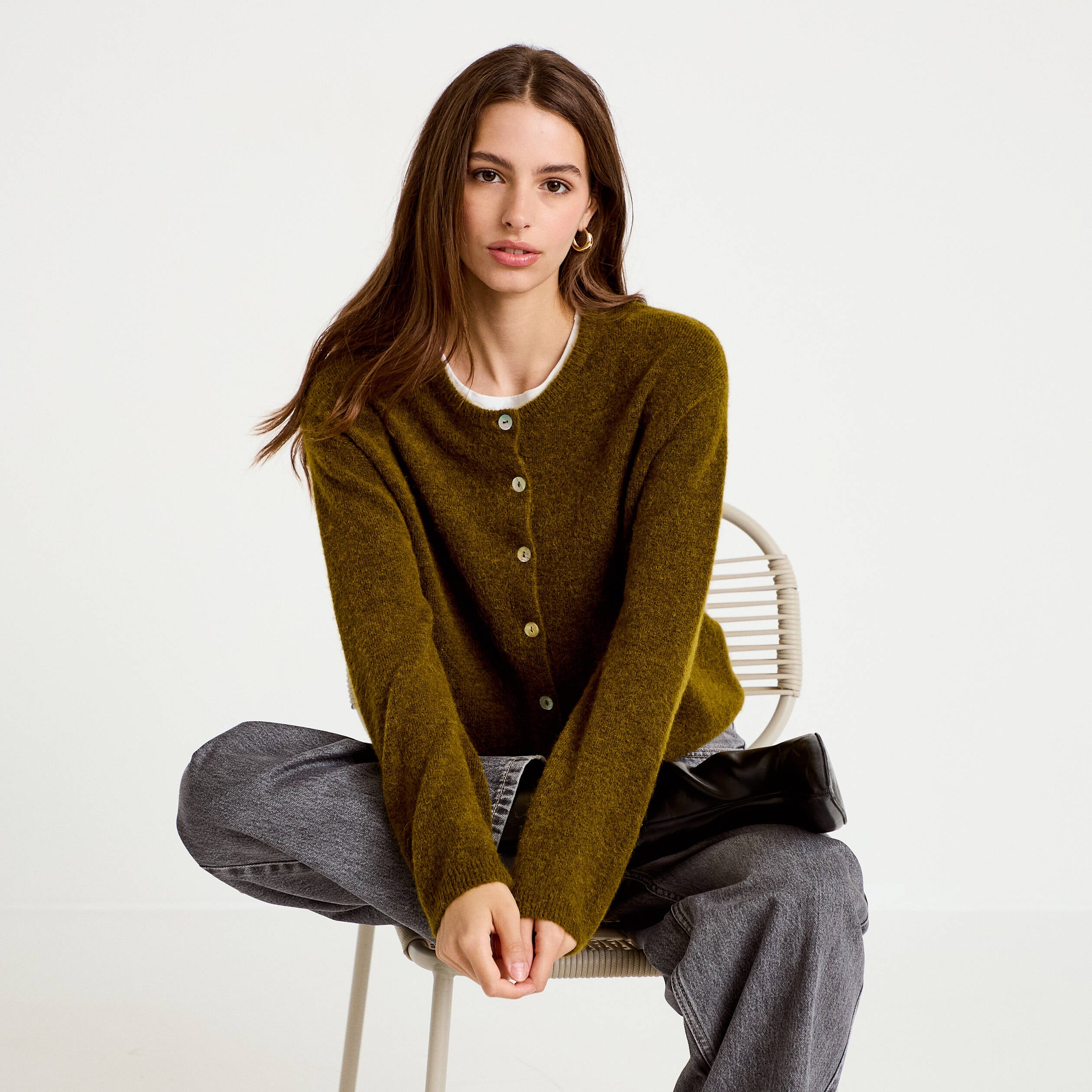 Gilet manches longues vert olive femme