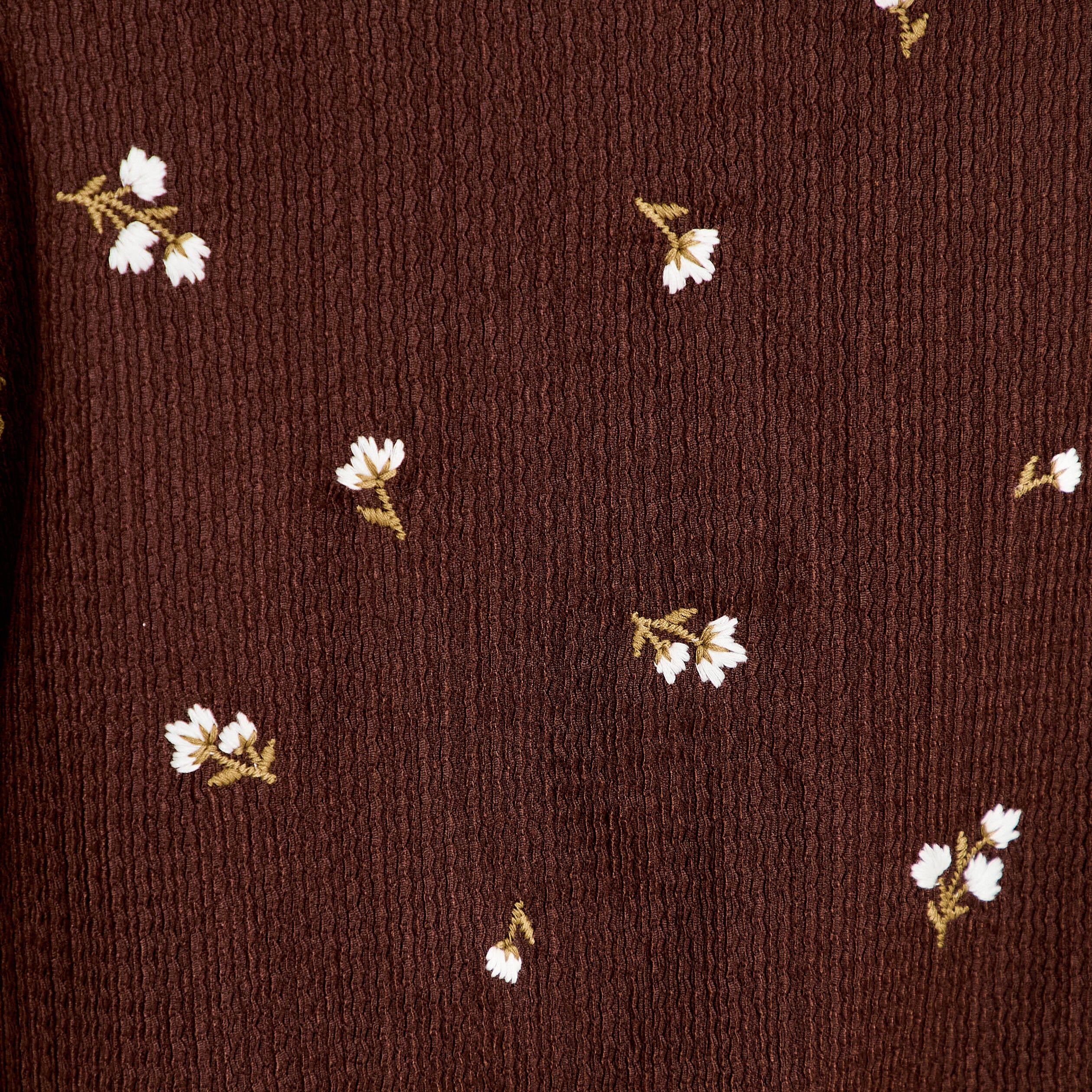 Chemise droite broderie manches longues marron fonc&eacute; femme