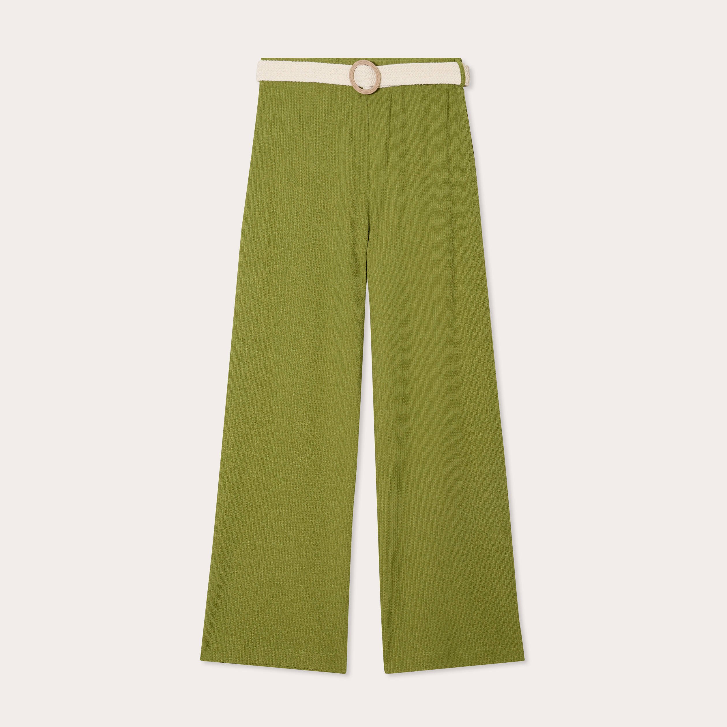 Pantalon large fluide ceinturé vert foncé femme