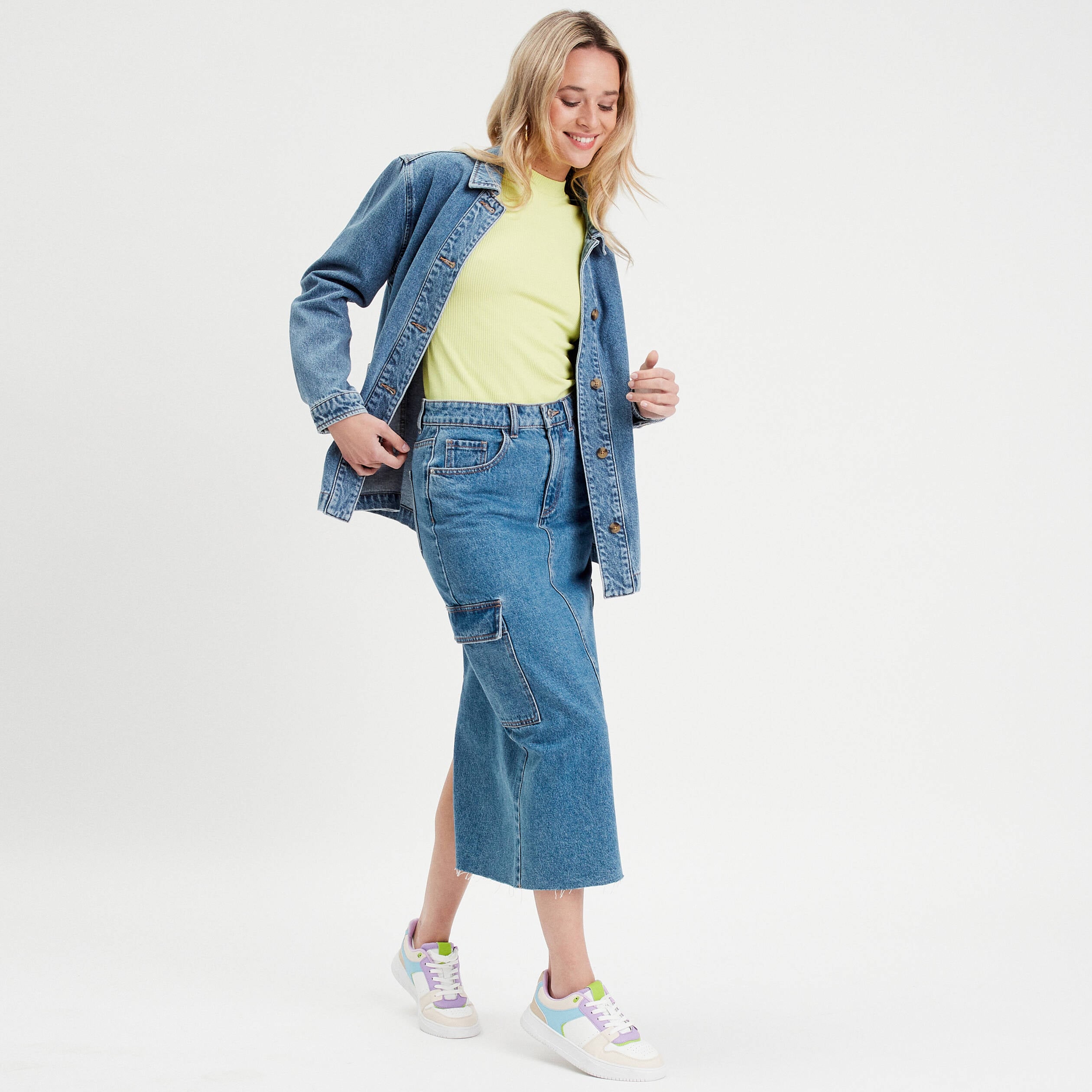 D&eacute;bardeur court col montant jaune fluo femme