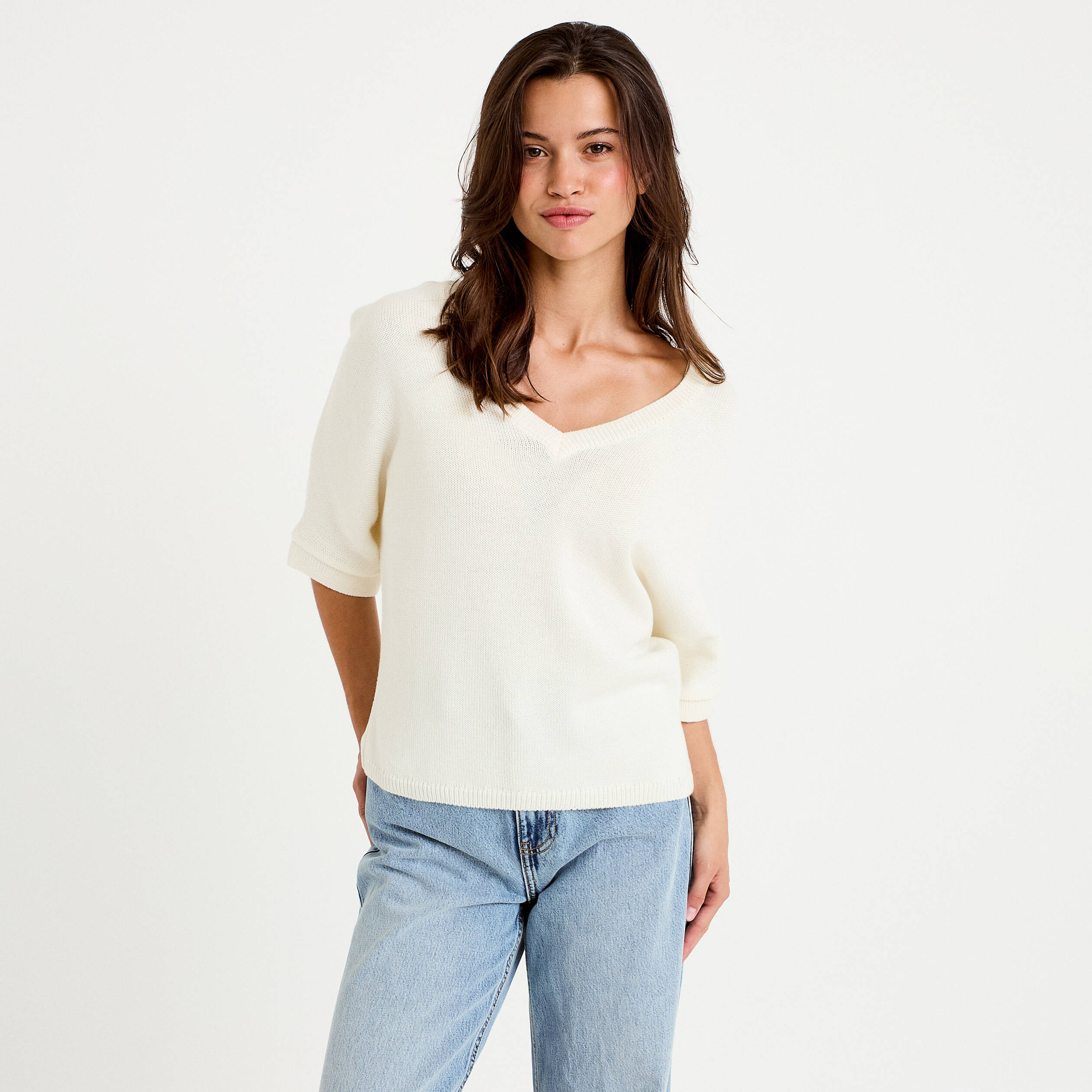 Pull ample col v manches courtes blanc femme