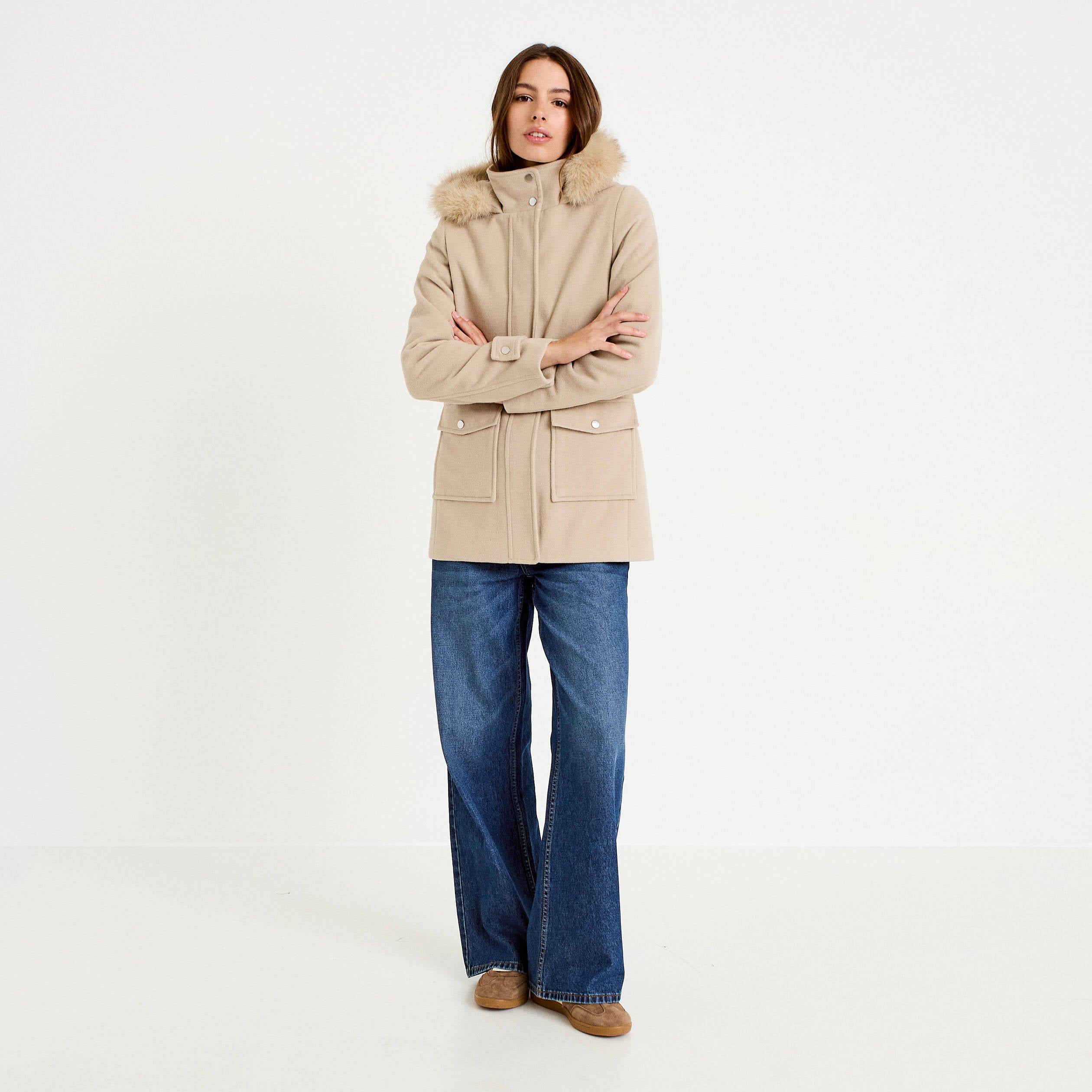 Manteau mi-long &agrave; capuche beige femme