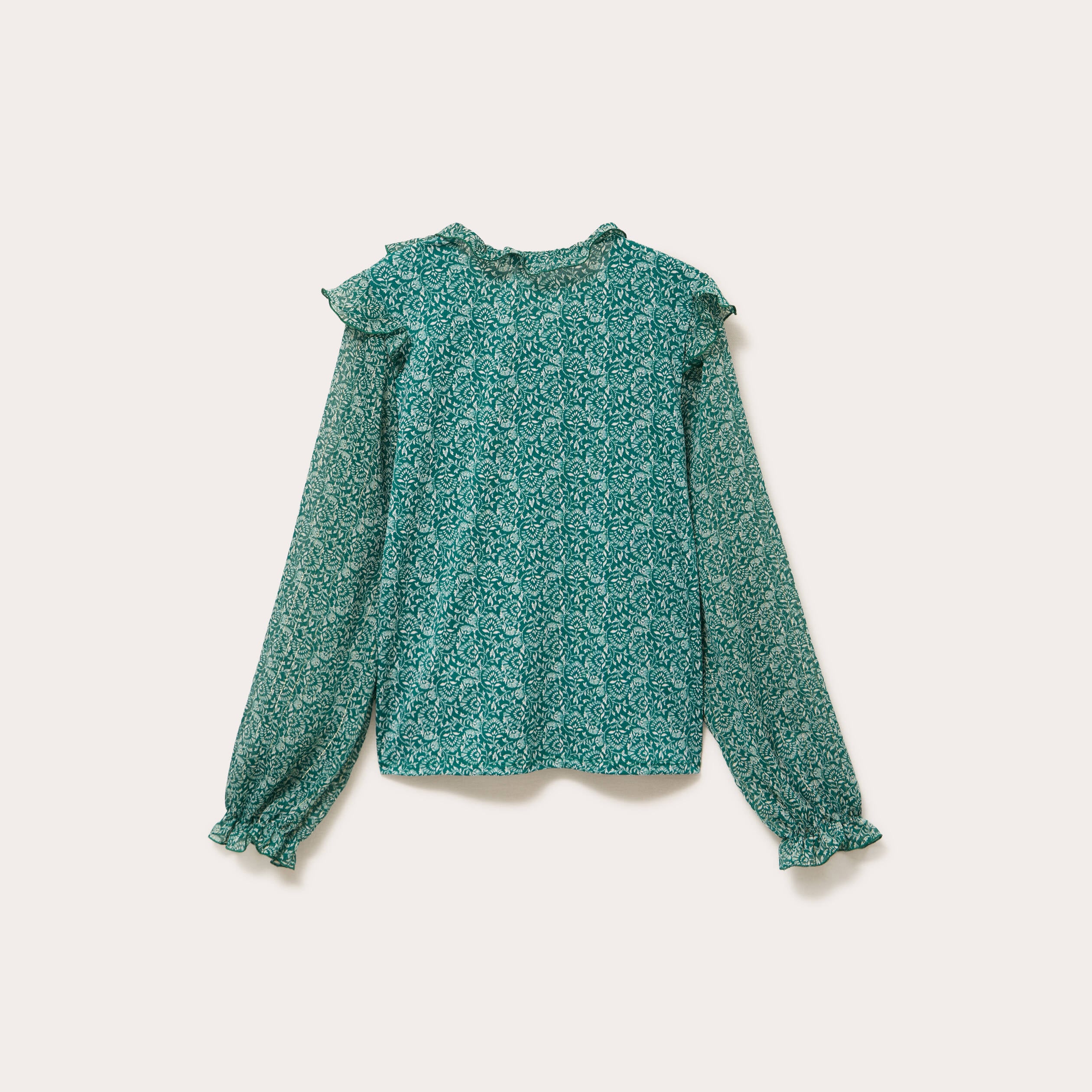 Blouse &agrave; volants vert fonc&eacute; femme