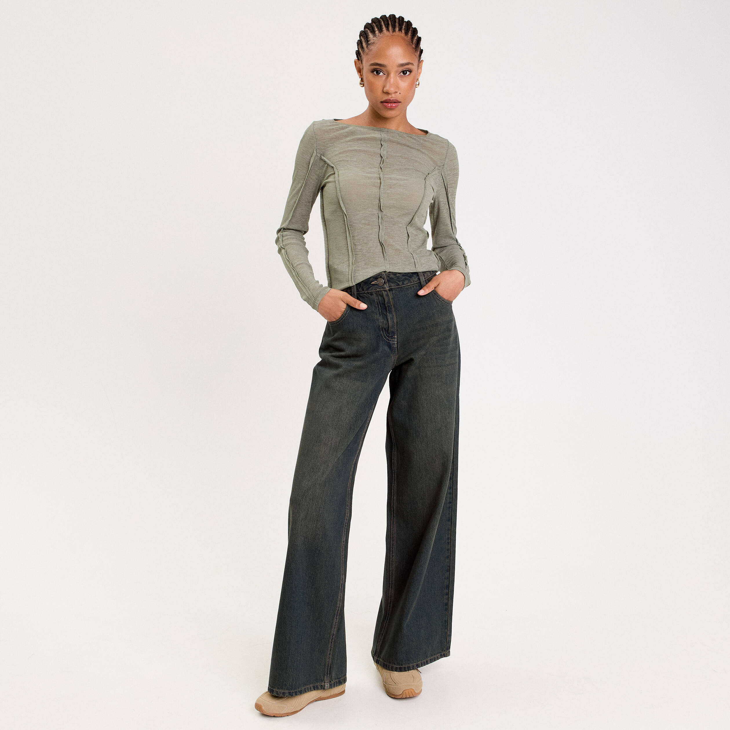 Jean wide leg taille standard bleu gris femme