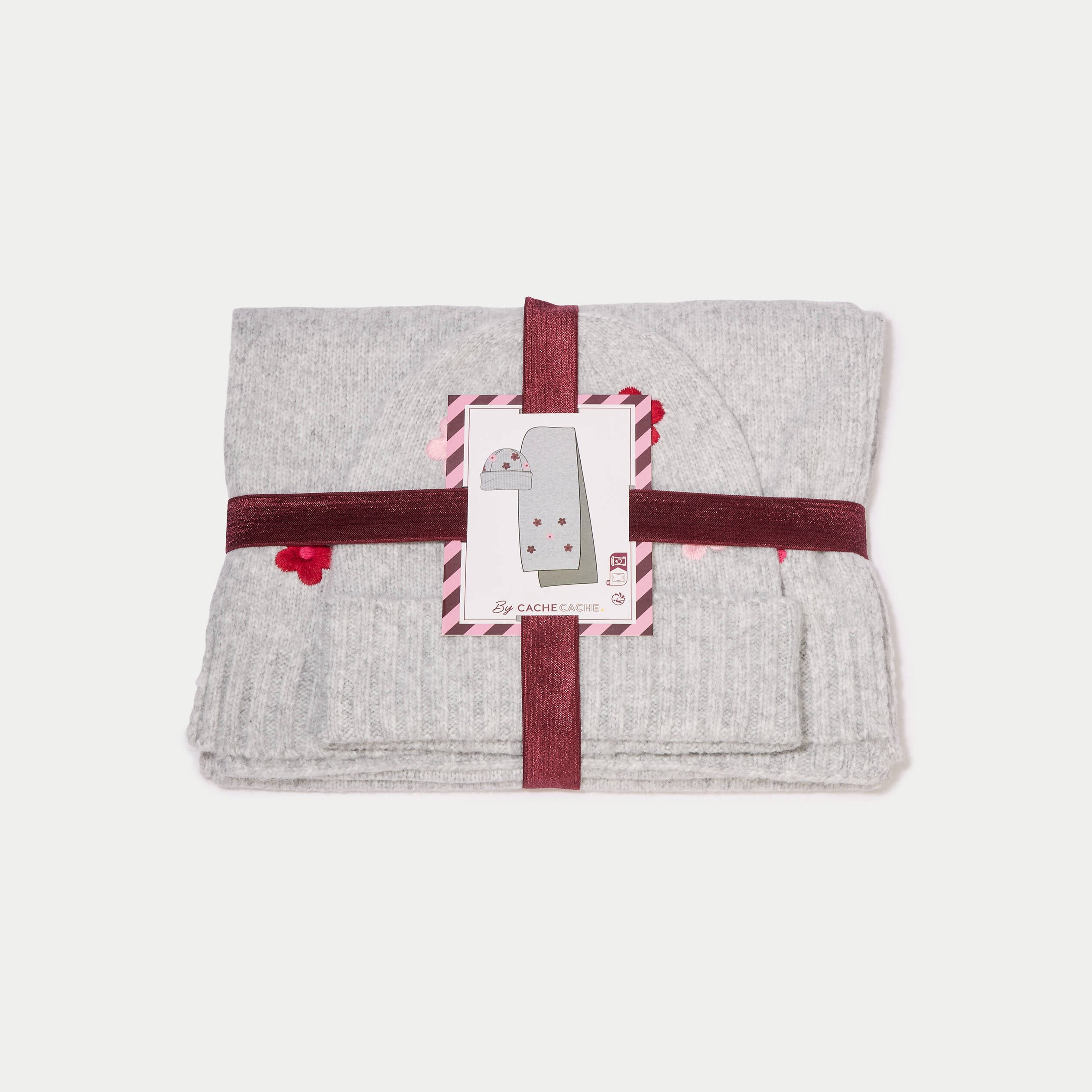 Lot &eacute;charpe bonnet avec broderie gris fonc&eacute; femme