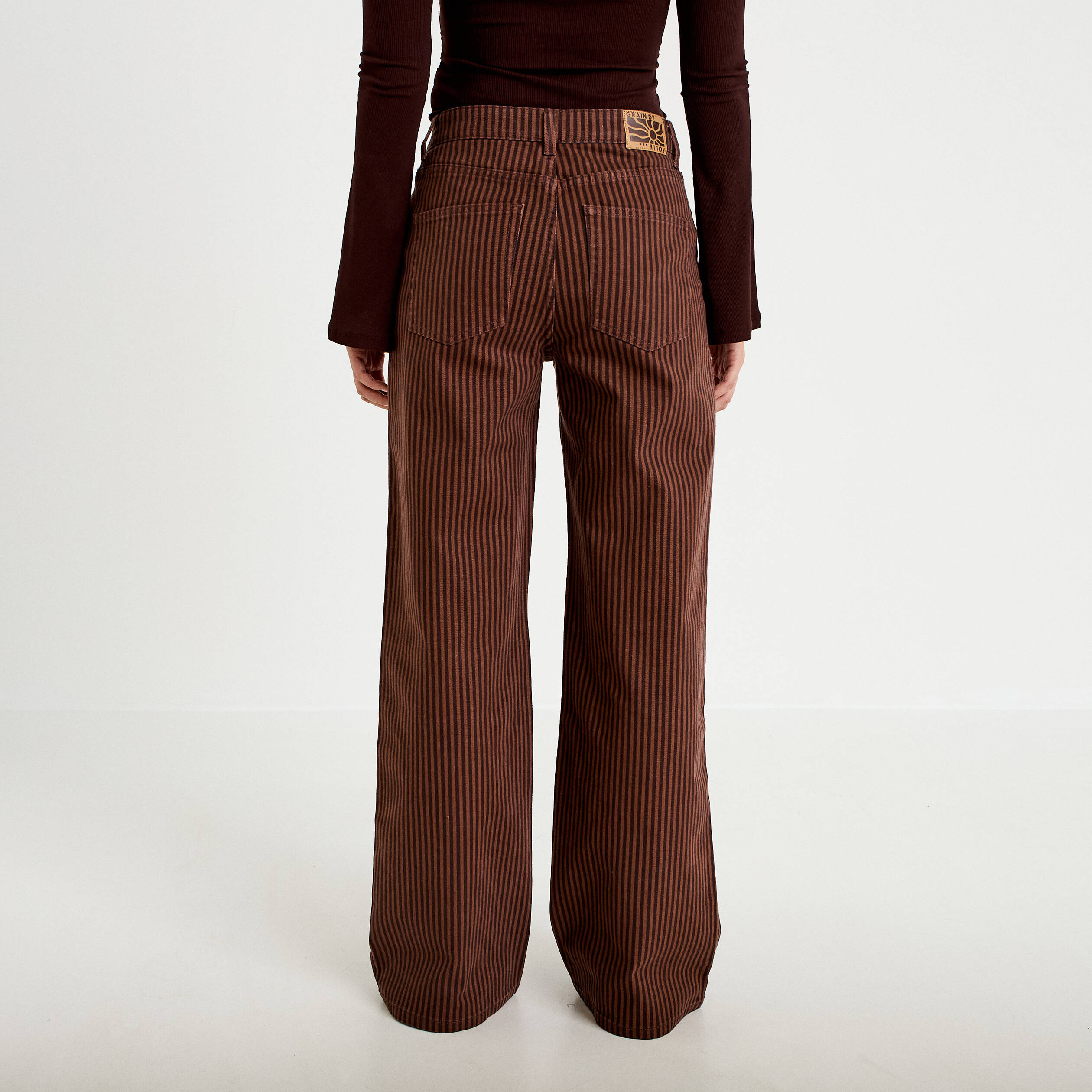 Jean wide leg ray&eacute; taille haute marron femme