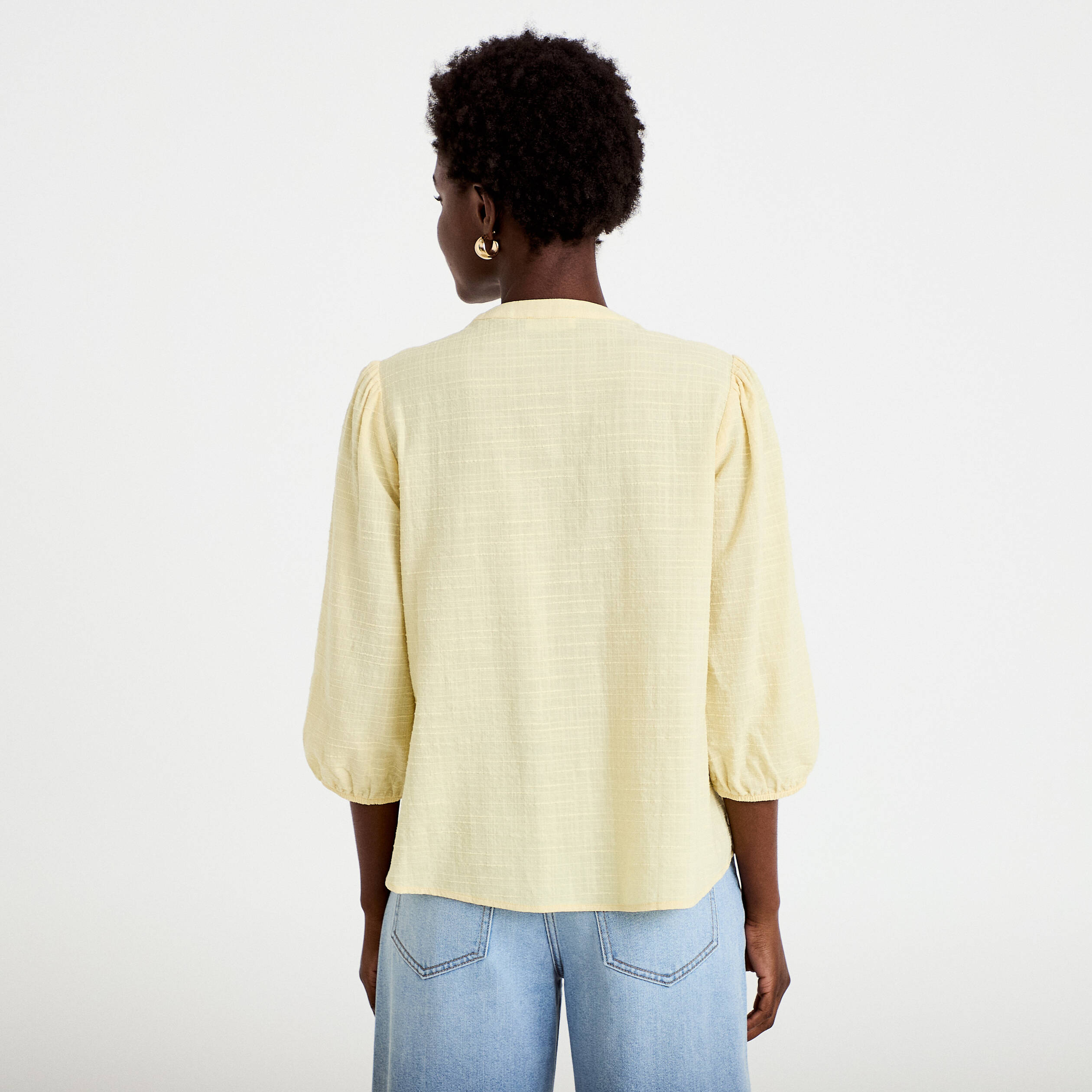 Blouse ample col v manches 3/4 jaune clair femme