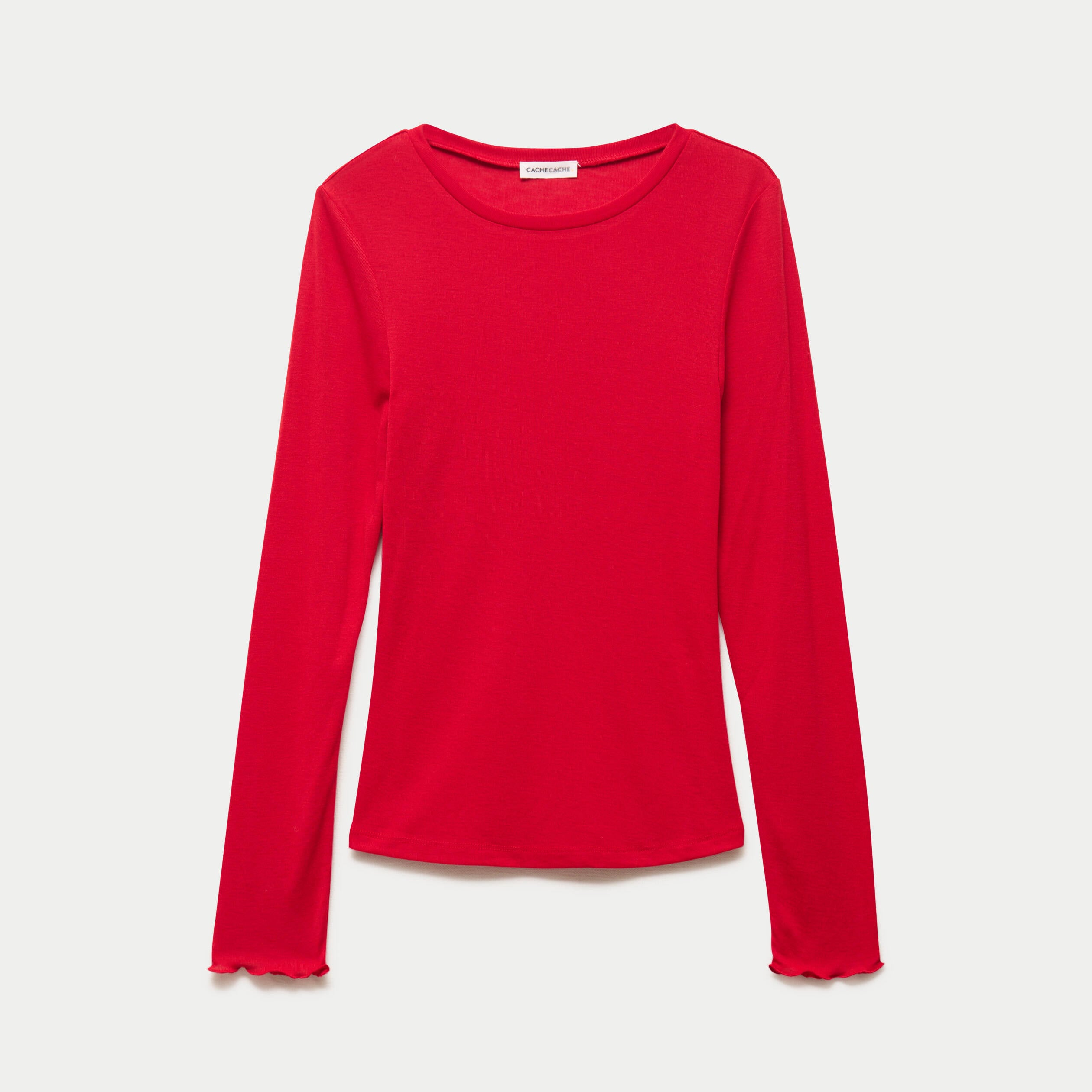 T-shirt ajust&eacute; col rond manches longues rouge femme