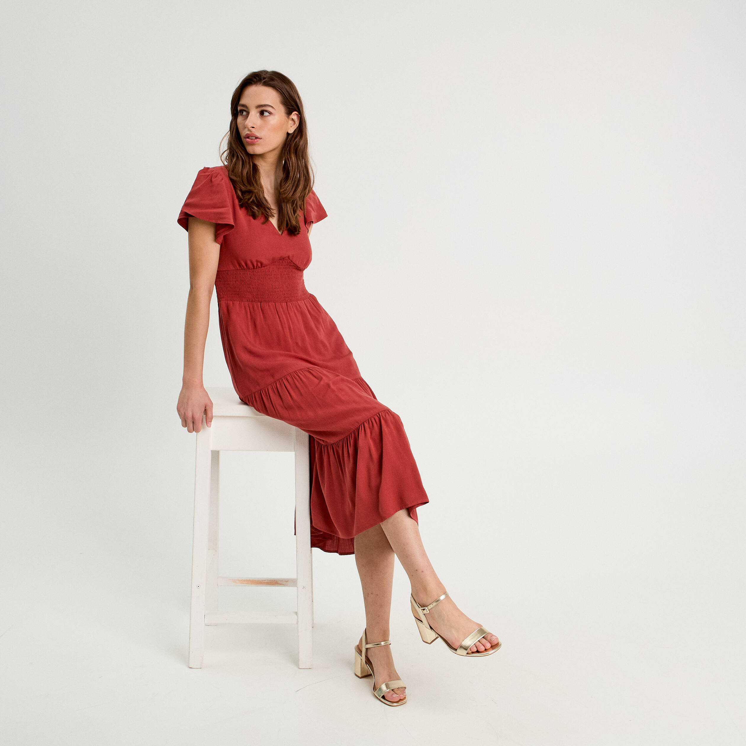 robe longue evasee col en v vieux rose femme Robe longue évasée col en V vieux rose femme