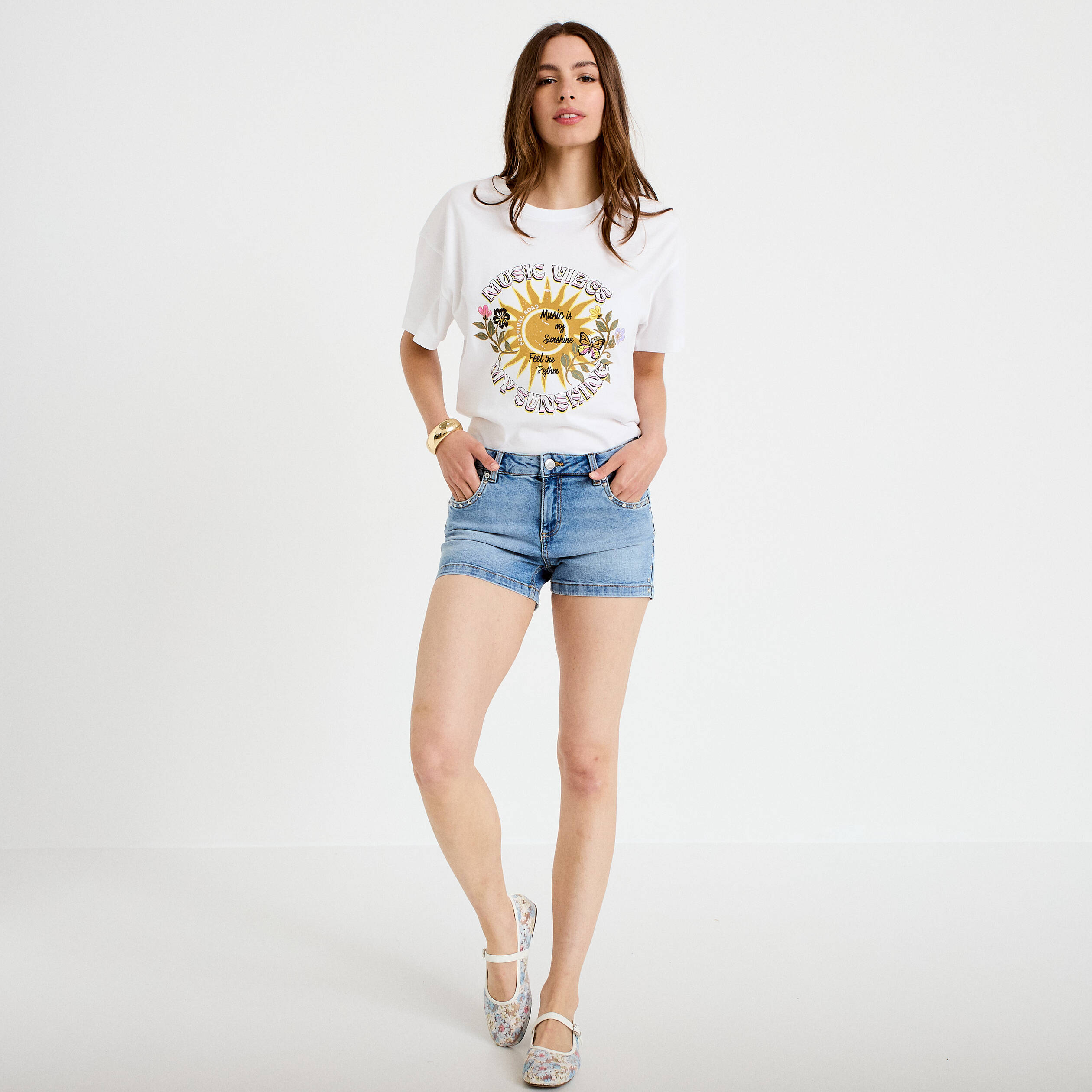 Short stretch en jean taille basse denim double stone femme