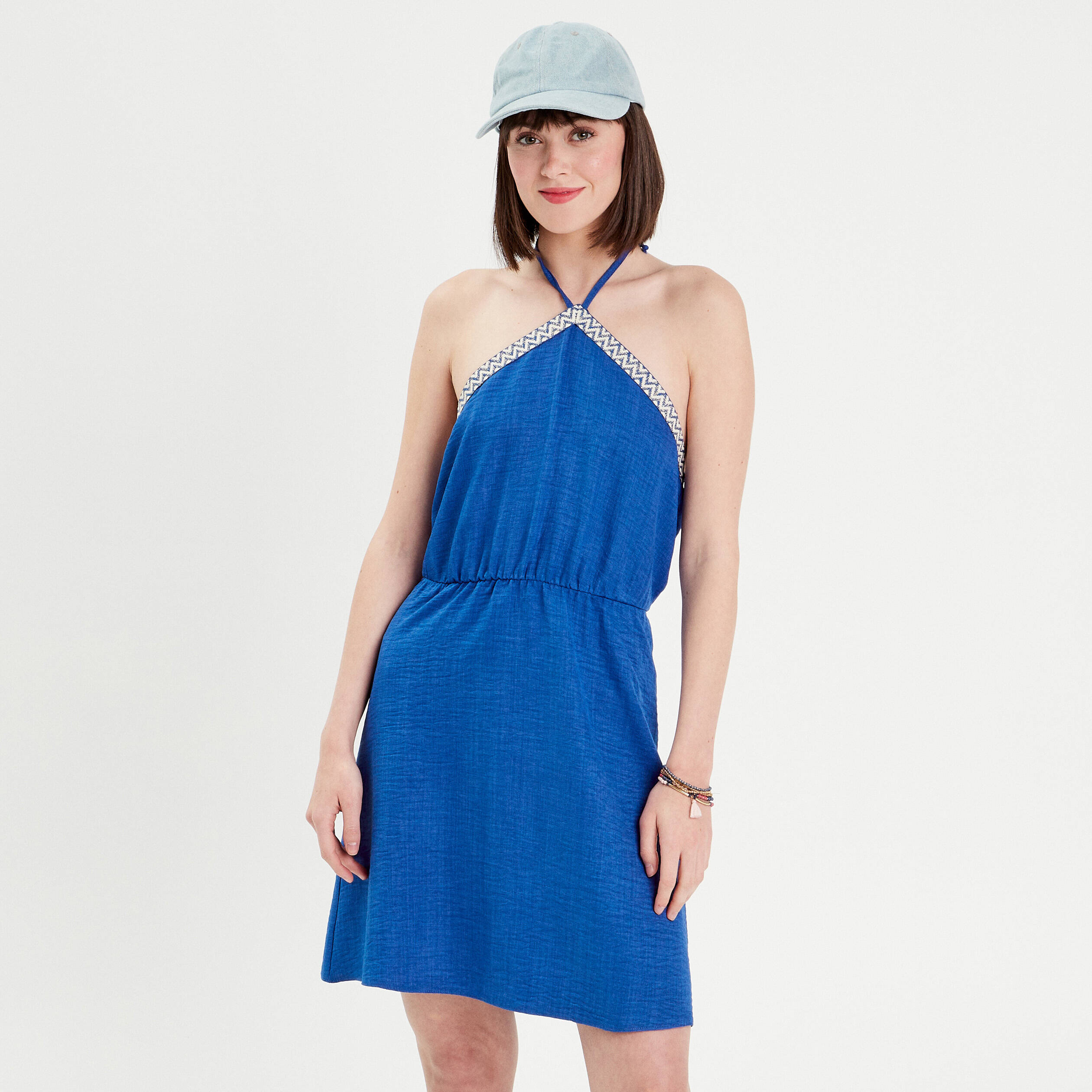Robe &eacute;vas&eacute;e bretelles nou&eacute;es bleu electrique femme