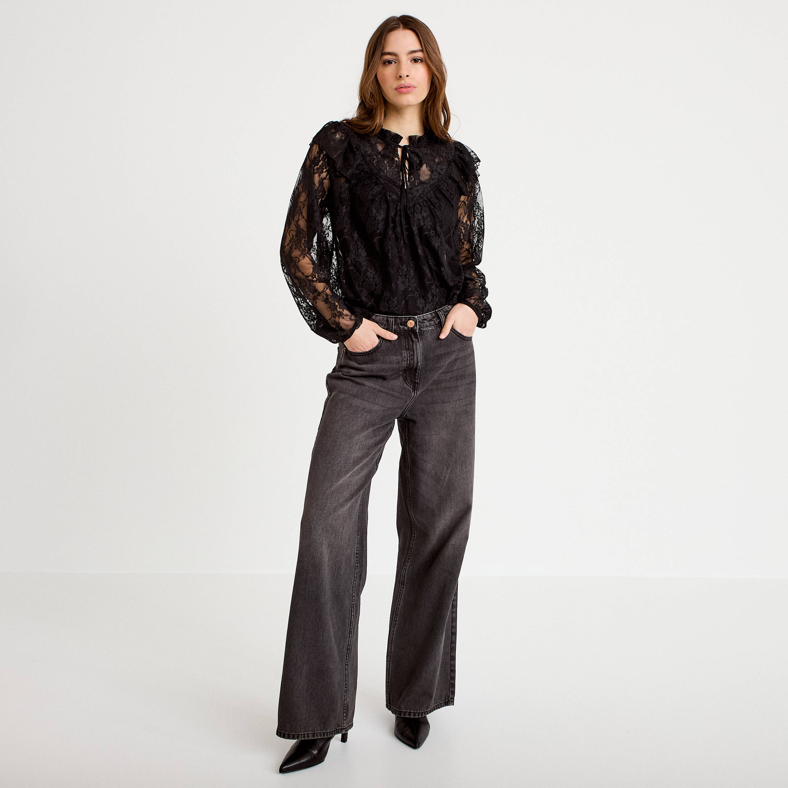 Blouse col rond manches longues dentelle noir femme