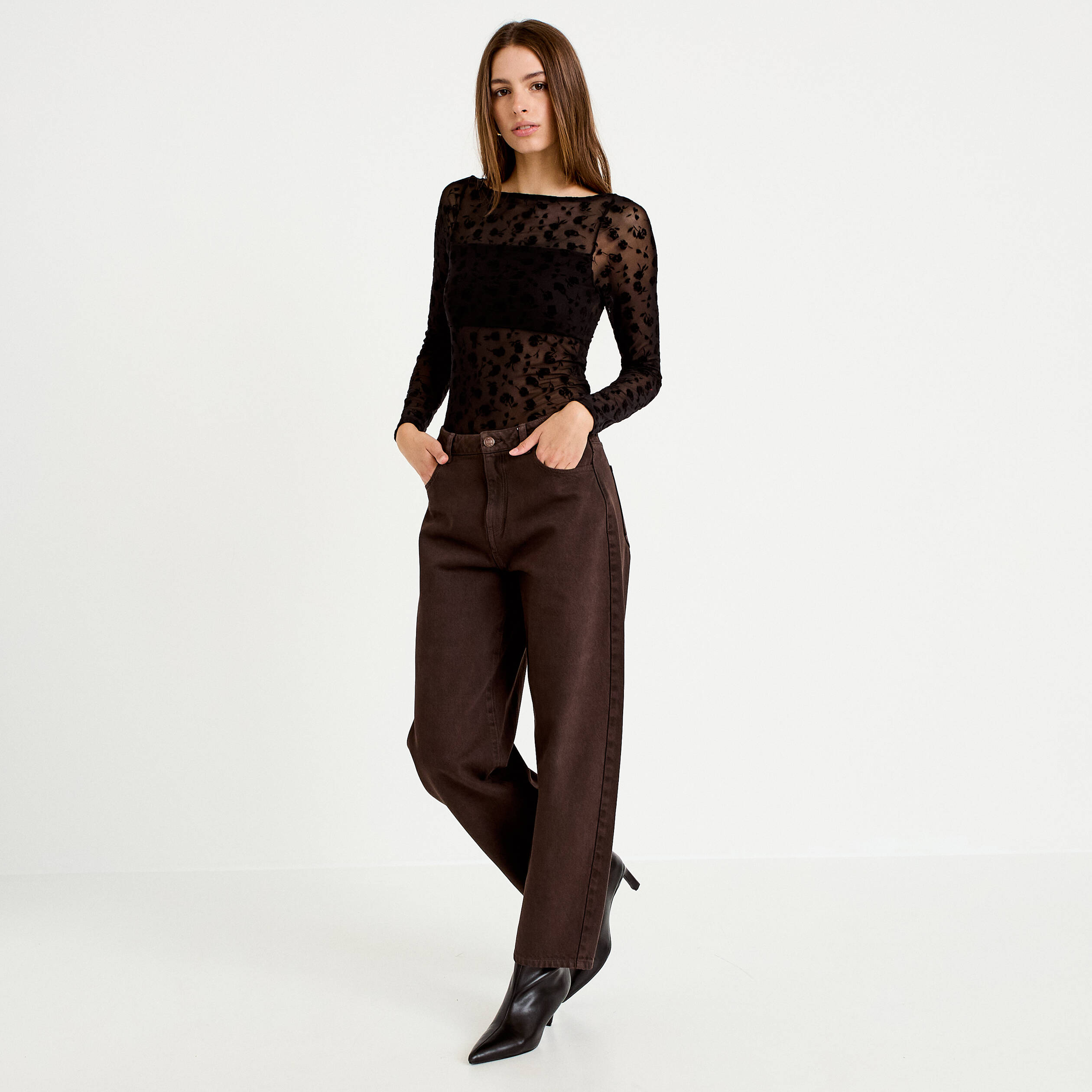 Body cintr&eacute; manches longues col bateau noir femme