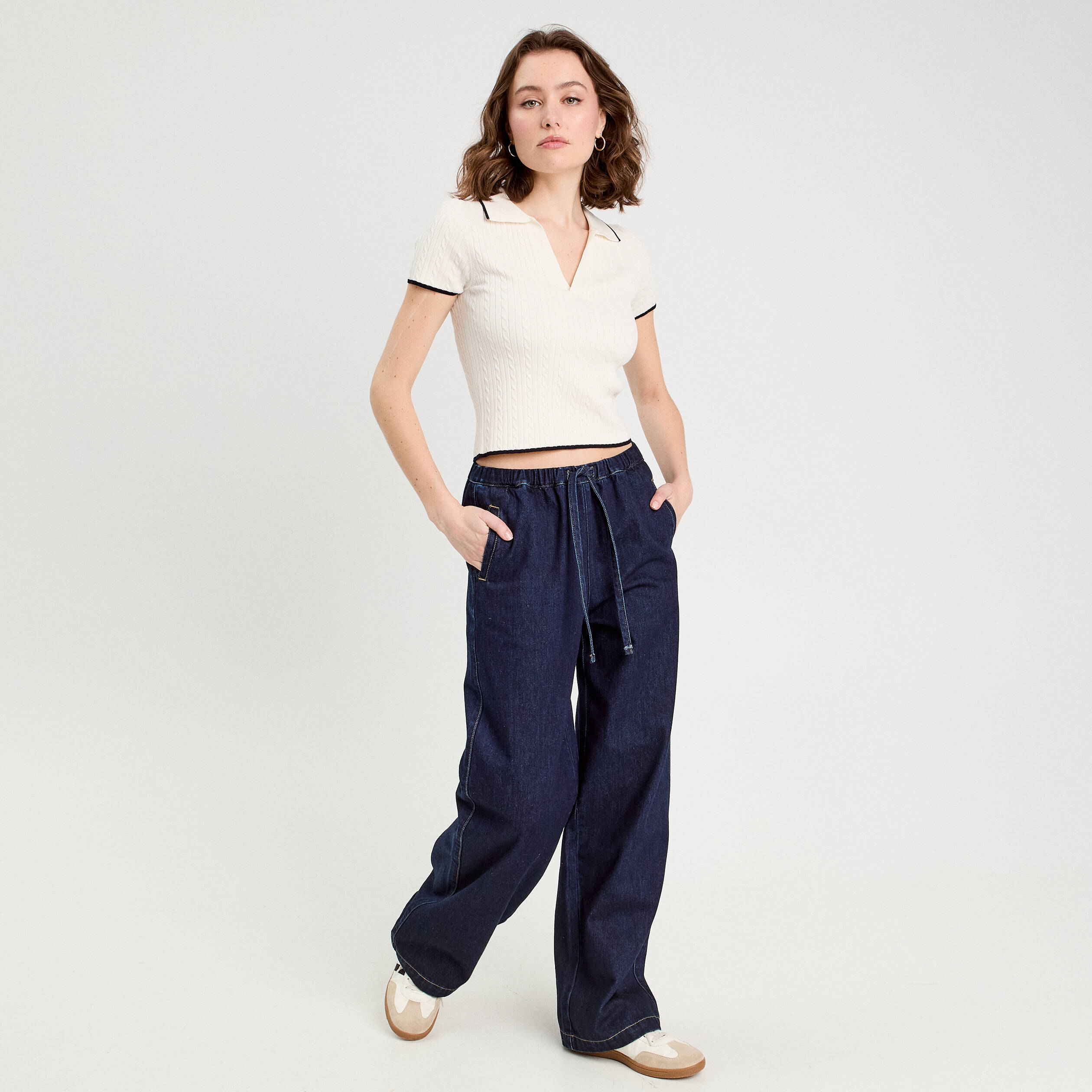 Top col polo manches courtes blanc femme