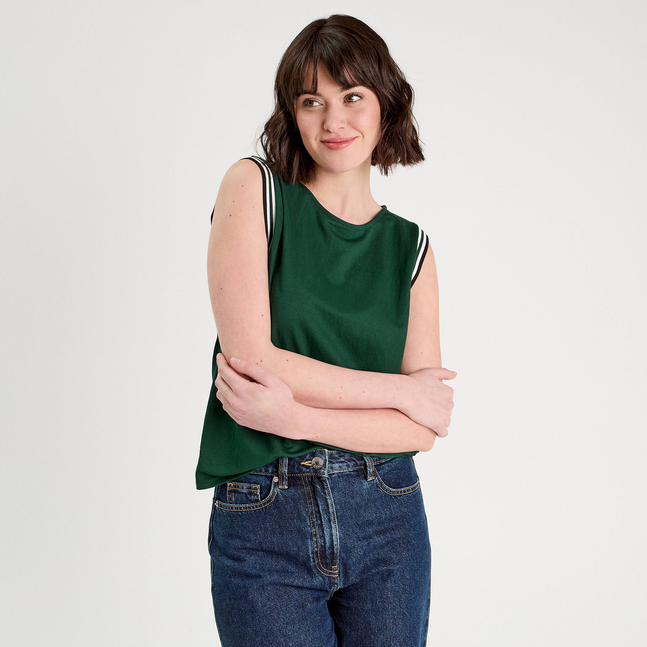 D&eacute;bardeur sans manches vert fonc&eacute; femme