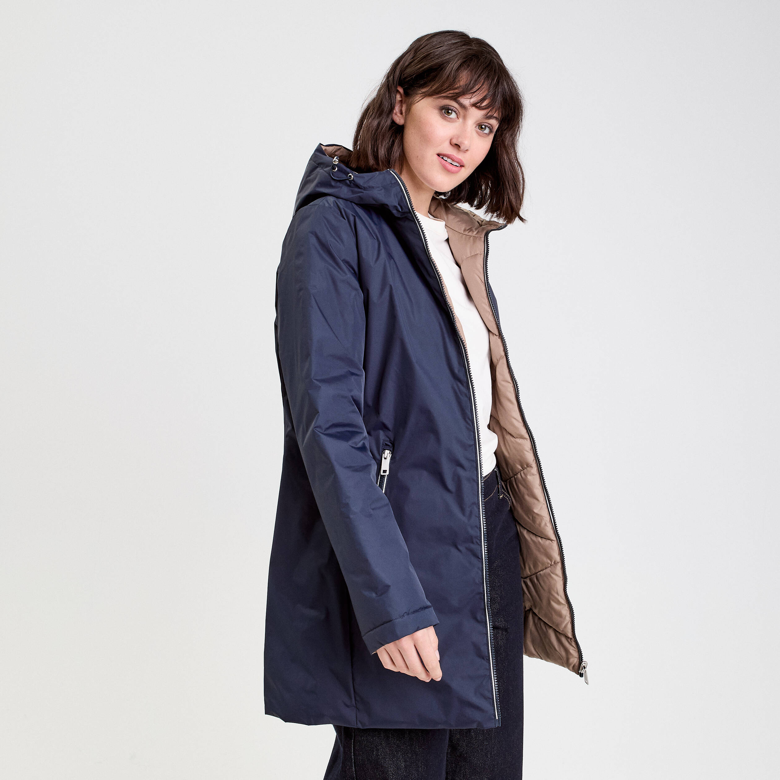 Parka &agrave; capuche r&eacute;versible bleu marine femme