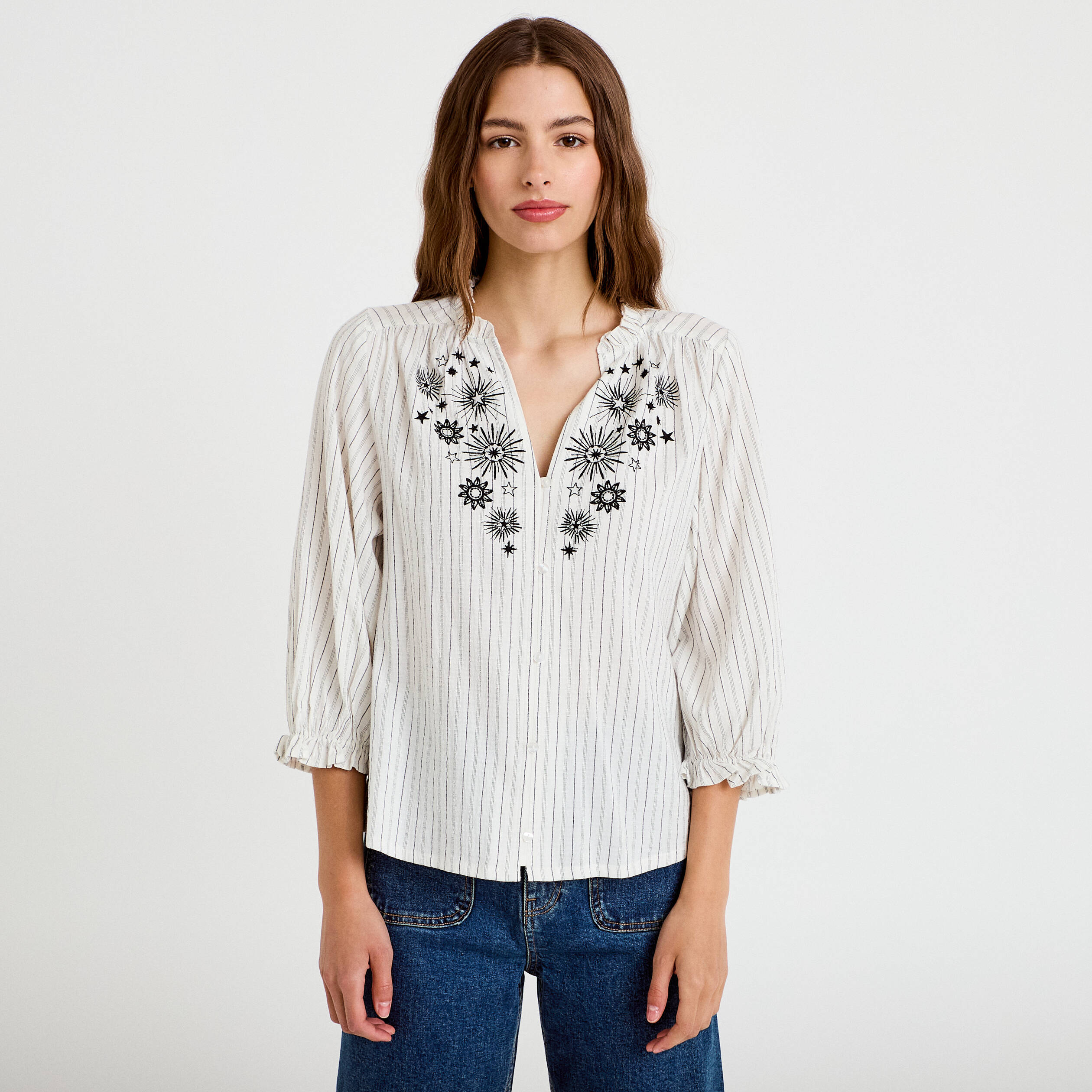Blouse ample broderie manches 3/4 blanc femme