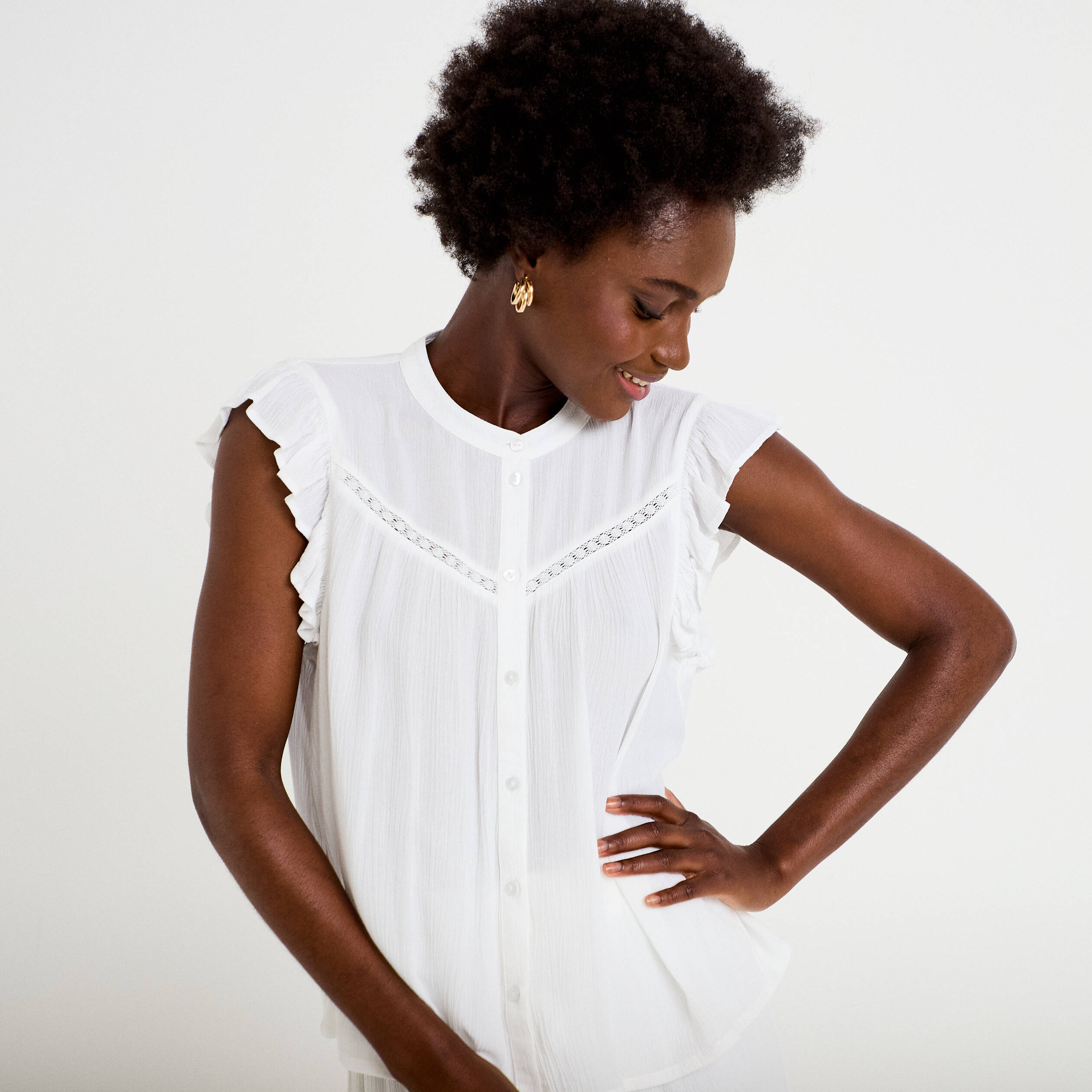 Top ample sans manches col carr&eacute; blanc femme