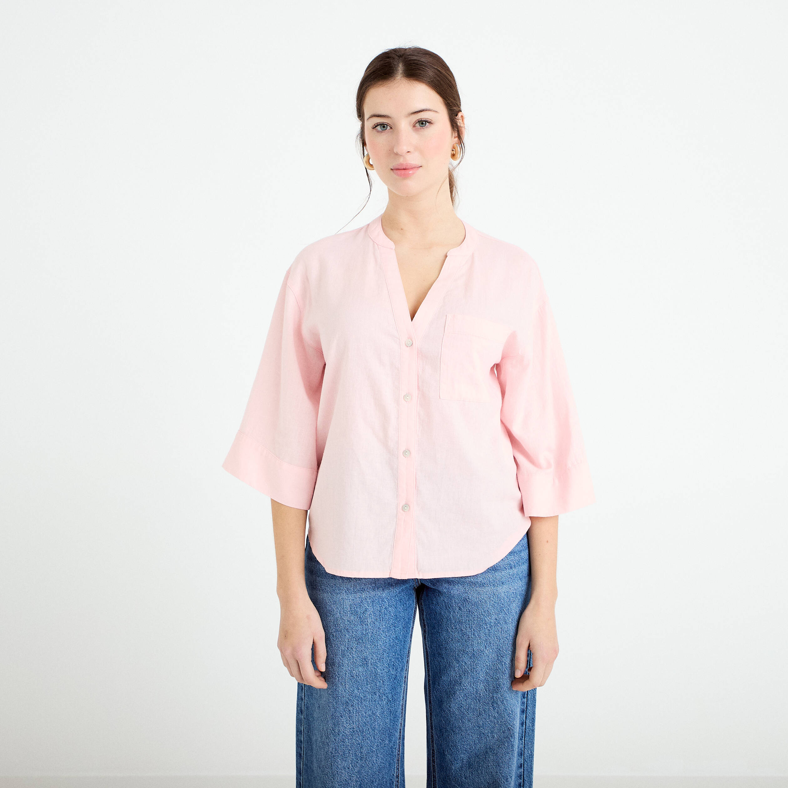 Blouse col V manches 3/4 rose clair femme