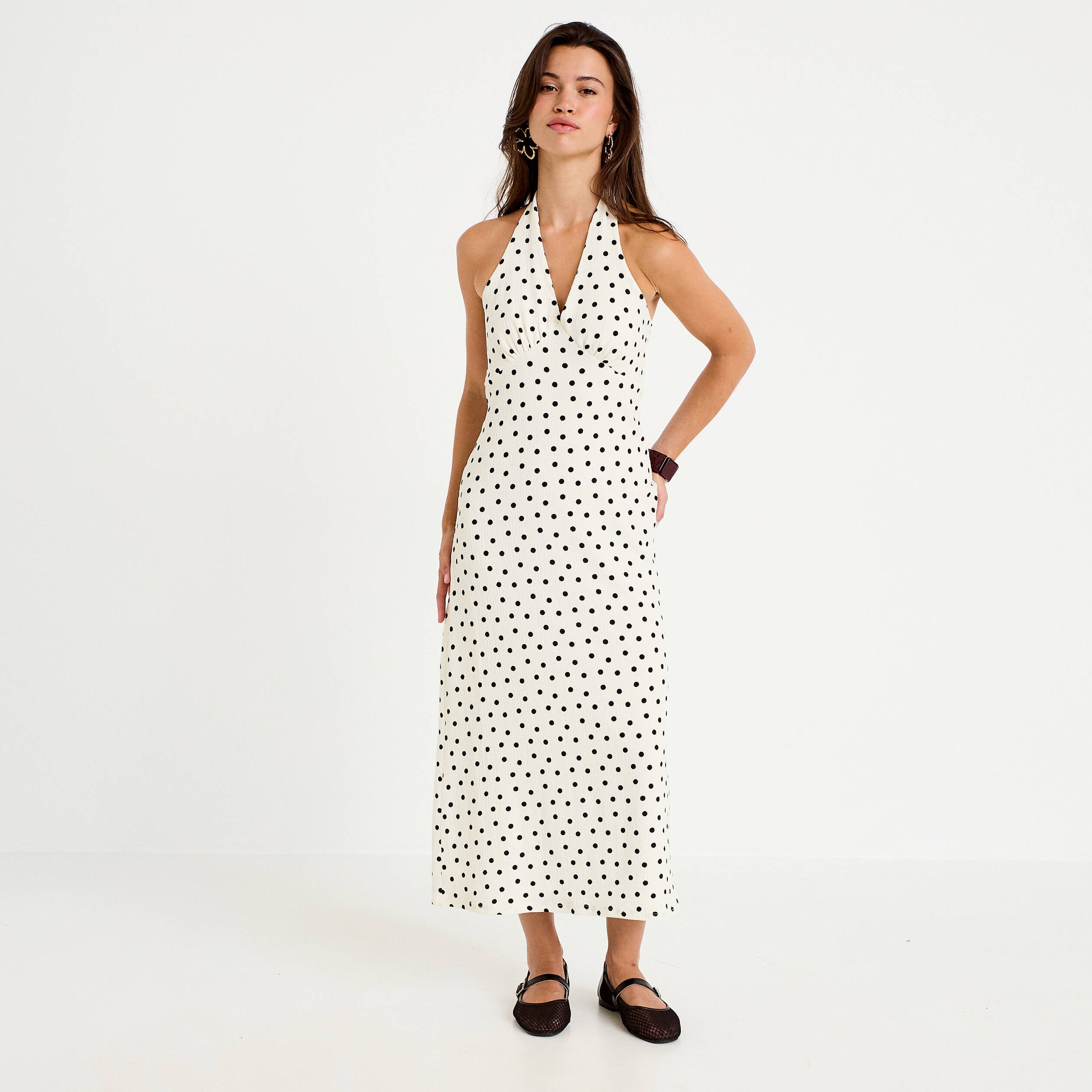 Robe &eacute;vas&eacute;e 3/4 sans manches col v beige clair femme
