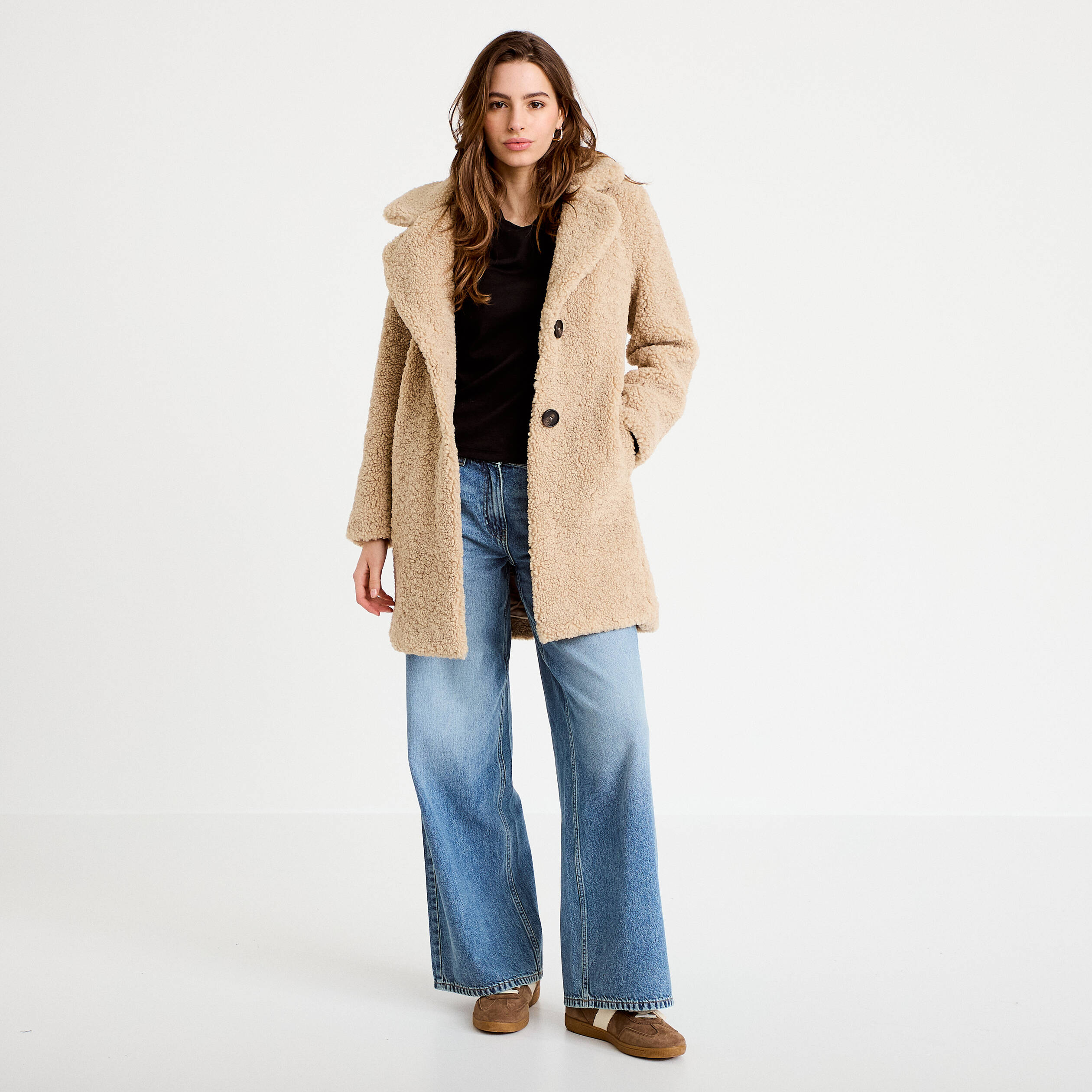Manteau bouclette boutonné beige femme Vibs