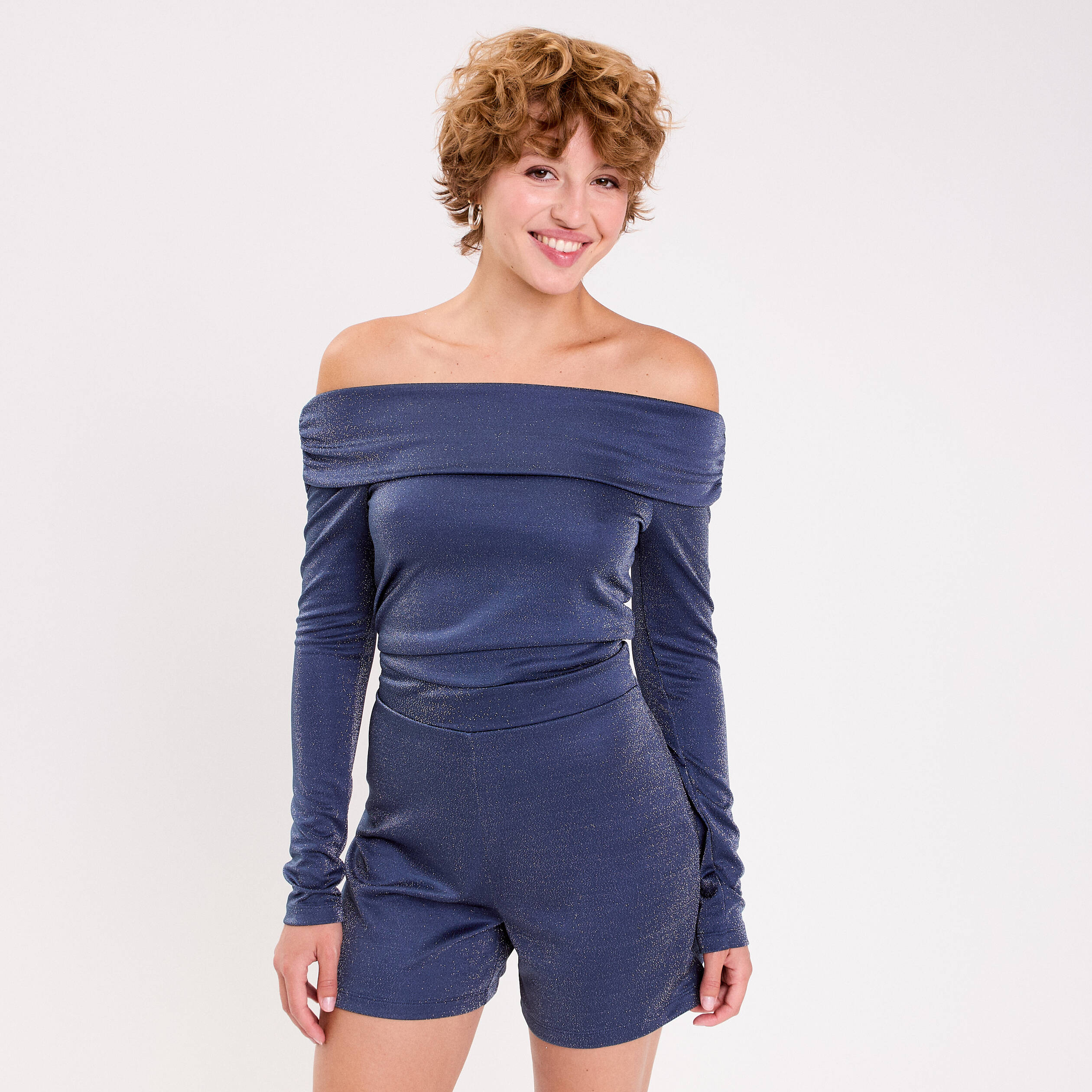 Combishort col bardot fils m&eacute;tallis&eacute;s bleu fonc&eacute; femme