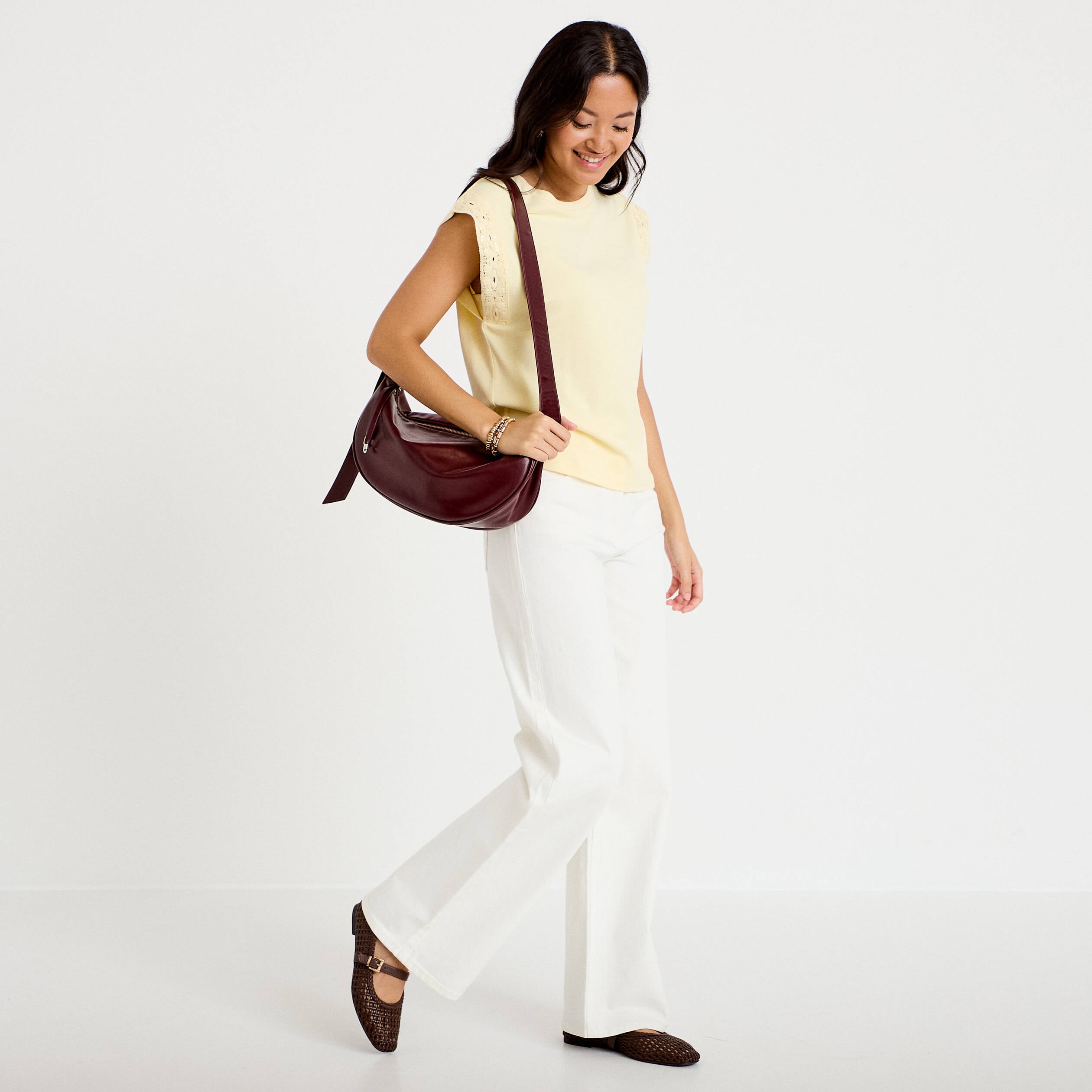 D&eacute;bardeur col rond jaune pastel femme