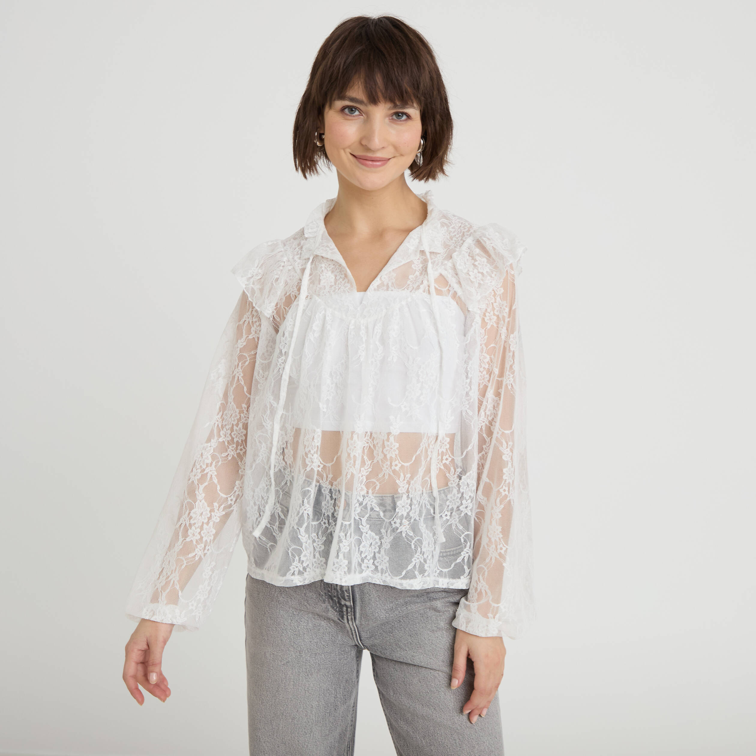 Blouse col rond manches longues dentelle ecru femme