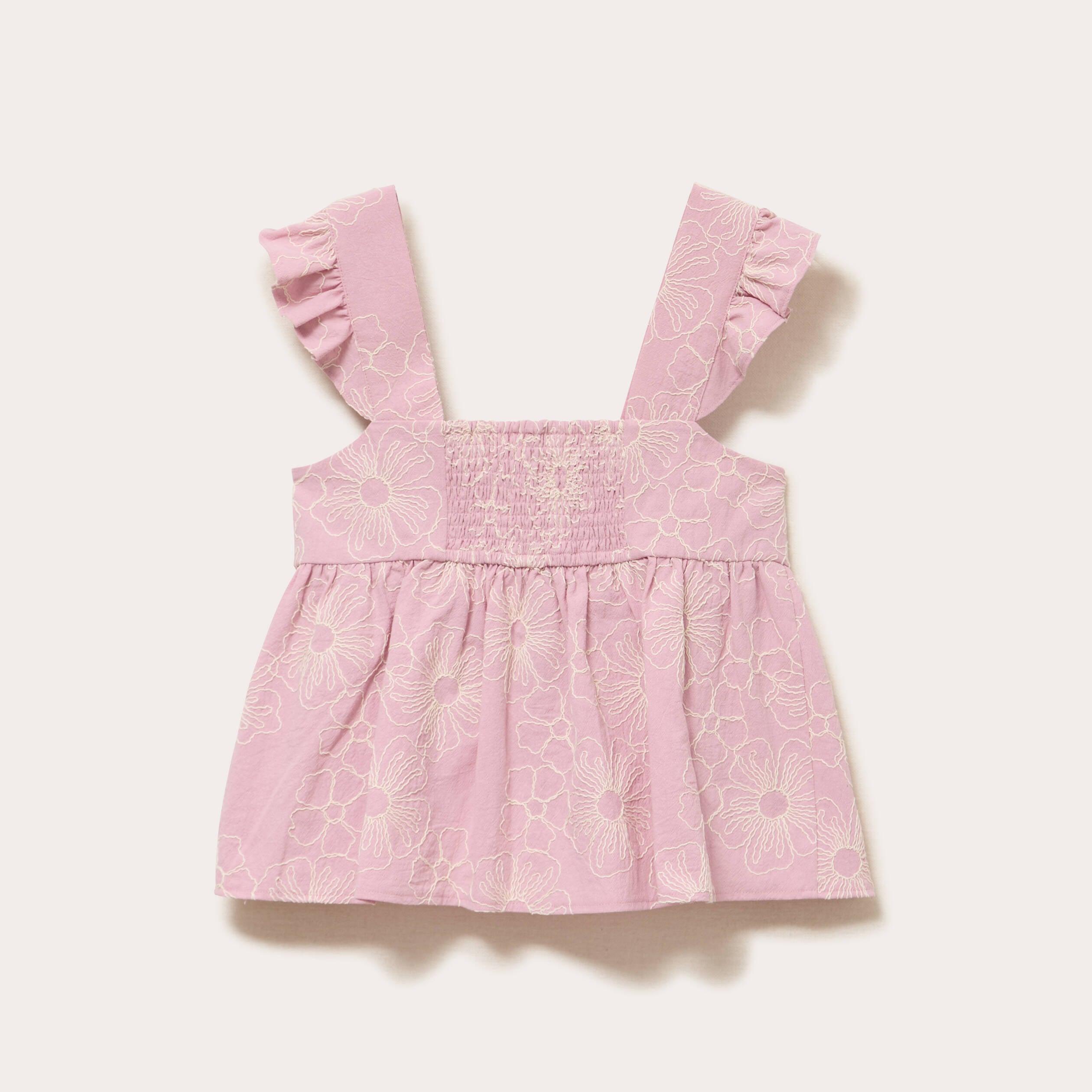 Top broderie col carr&eacute; fines bretelles rose clair femme
