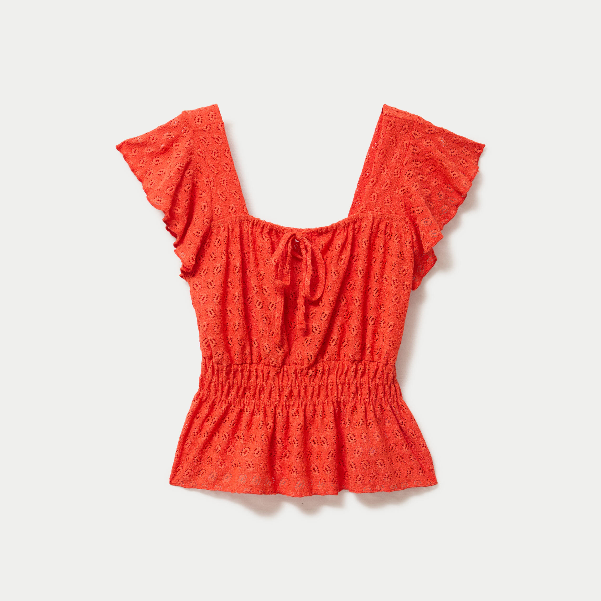 Blouse ajour&eacute;e col carr&eacute; manches courtes orange fonc&eacute; femme