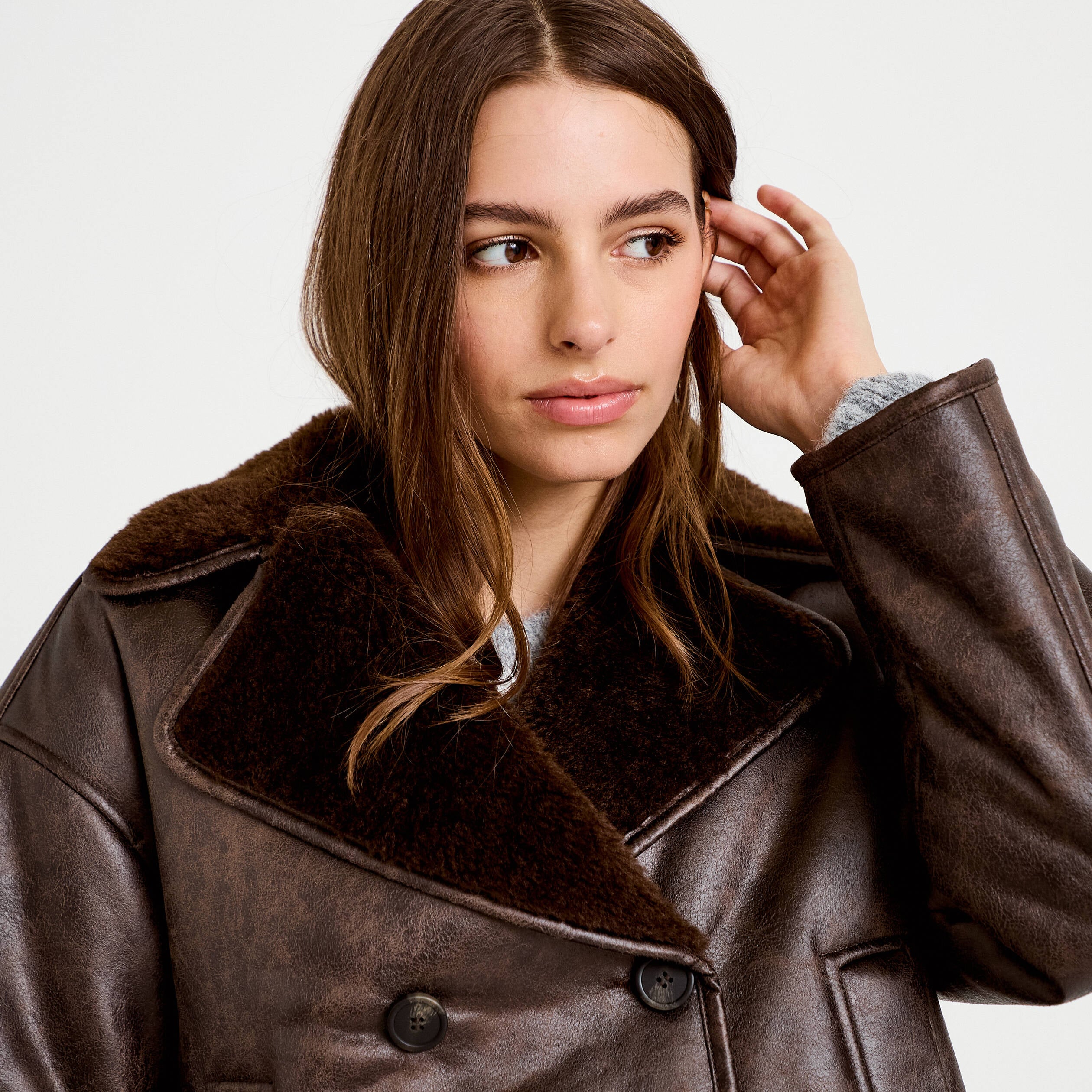 Caban cropped droit col tailleur marron fonc&eacute; femme
